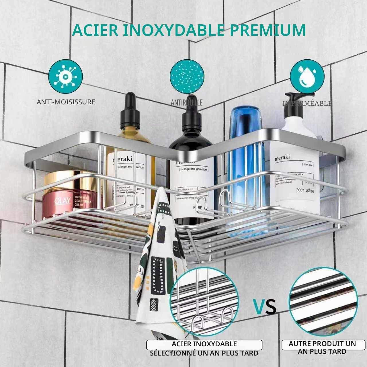 Lot de 2 étagères d'angle de Douche sans perçage pour Salle de Bain, Baignoire, étagère d'angle pour Salle de Bain et Cuisine (argenté)