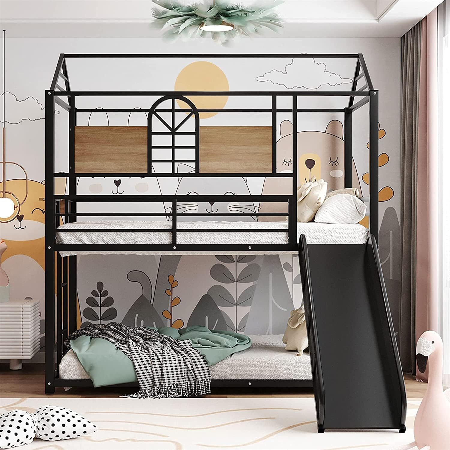 Bunk Bed for Kids Toddlers, Twin Over Full Bunk Beds with Slide, Playhouse Farmhouse Roof Window Guardrail Ladder, for GirlsBoys