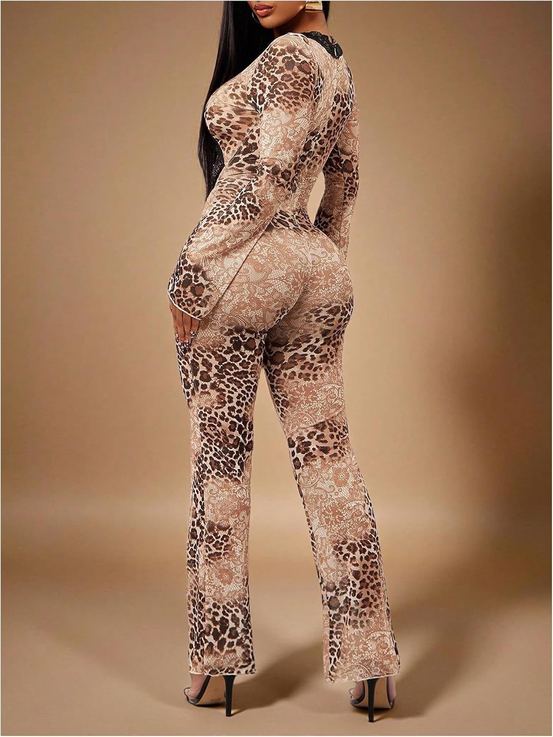 SweatyRocks Women's Leopard Print One Piece Jumpsuits Long Sleeve Sexy Cut Out Bodycon Rompers Bodysuit