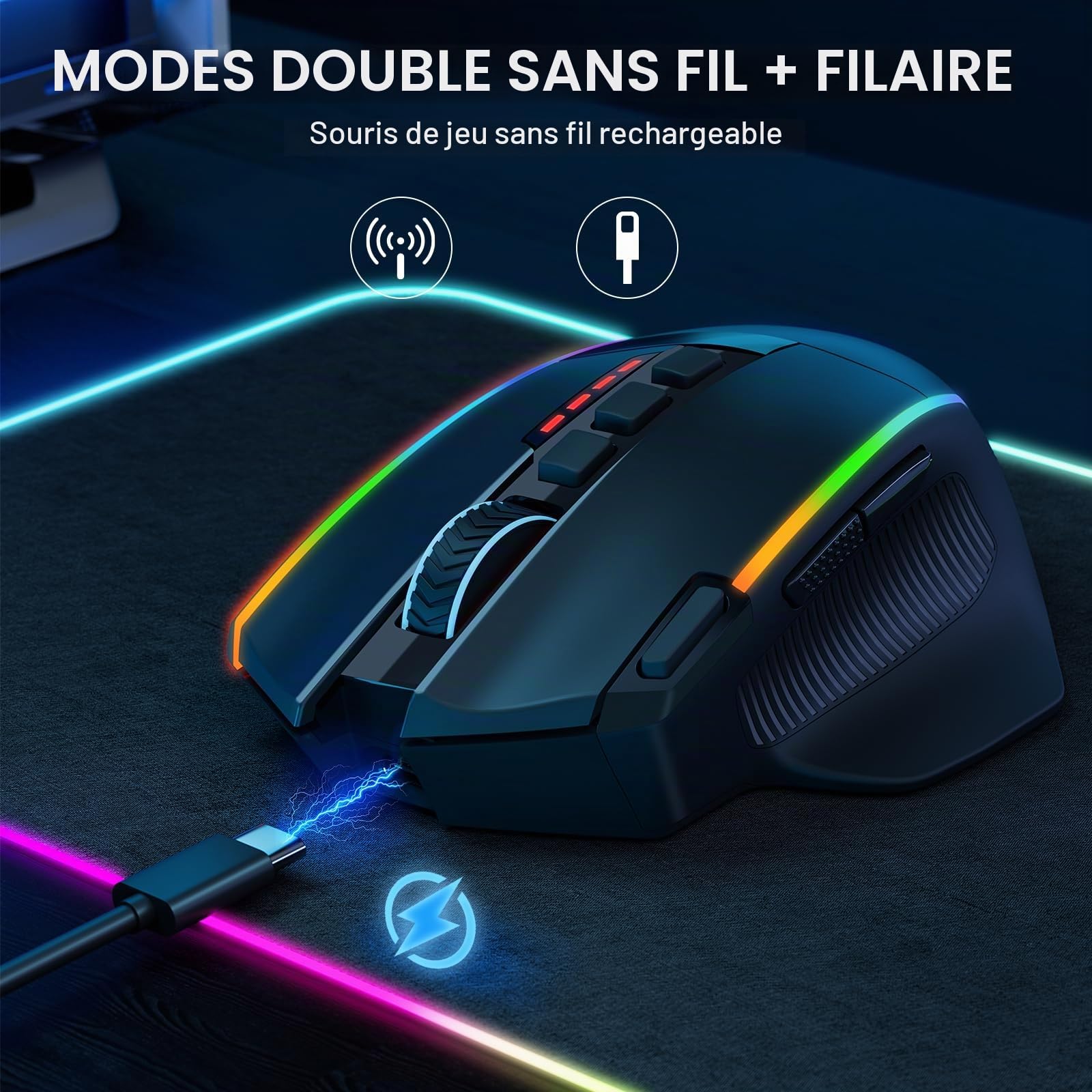 Redragon Souris Gamer Sans Fil, Souris Ergonomique 16000 DPI avec Bouton de Tir, 9 Boutons Programmable & Macro Editing, Souris de Jeu Sans Fil 170 Heures Soutenues et Rétroéclairage RGB pour Mac/PC