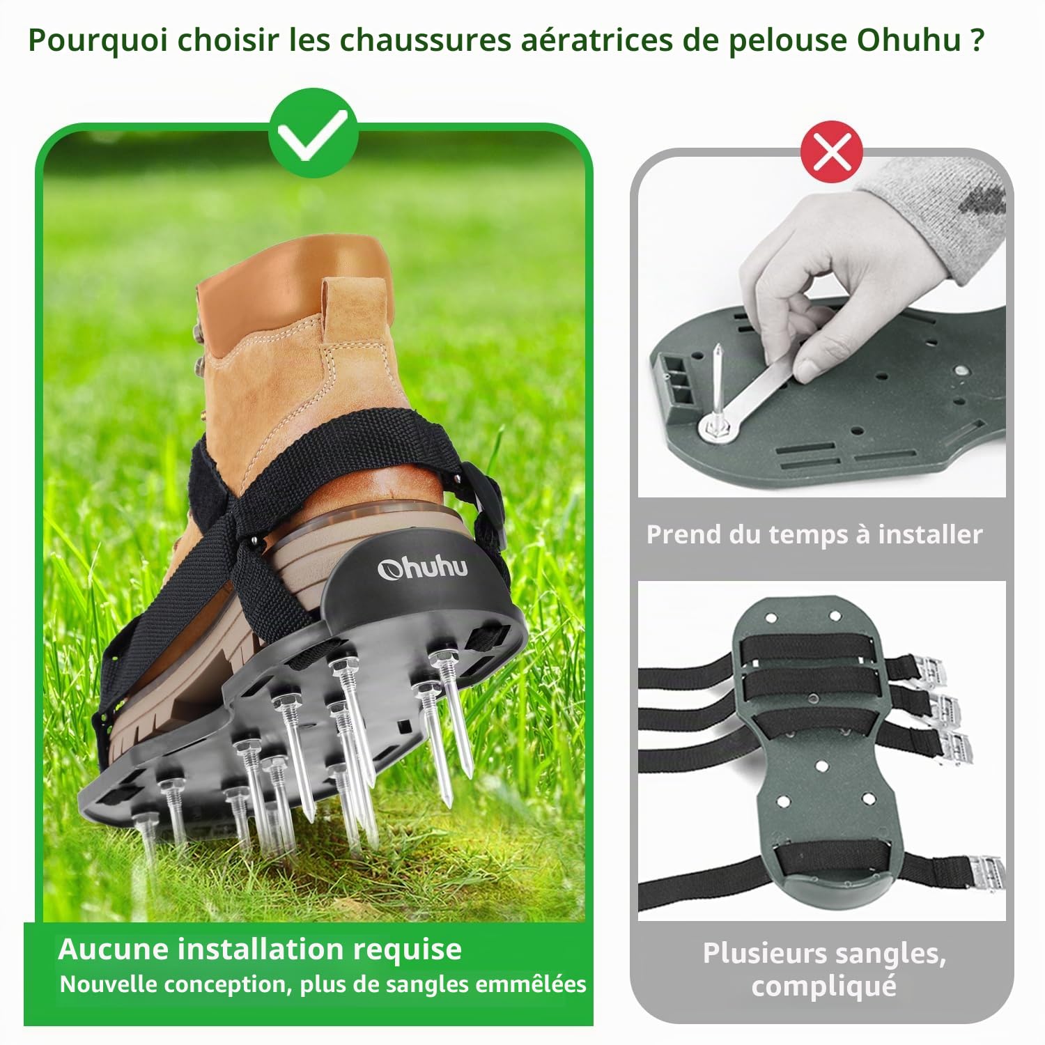 Ohuhu Sandales Aérateur Pelouse Installation Gratuite, Aérateur de pelouse avec Pelle en Acier Inoxydable, Chaussure à Gazon Chaussures à Ongles Scarificateur Gazon Chaussures pour Gazon, Noir