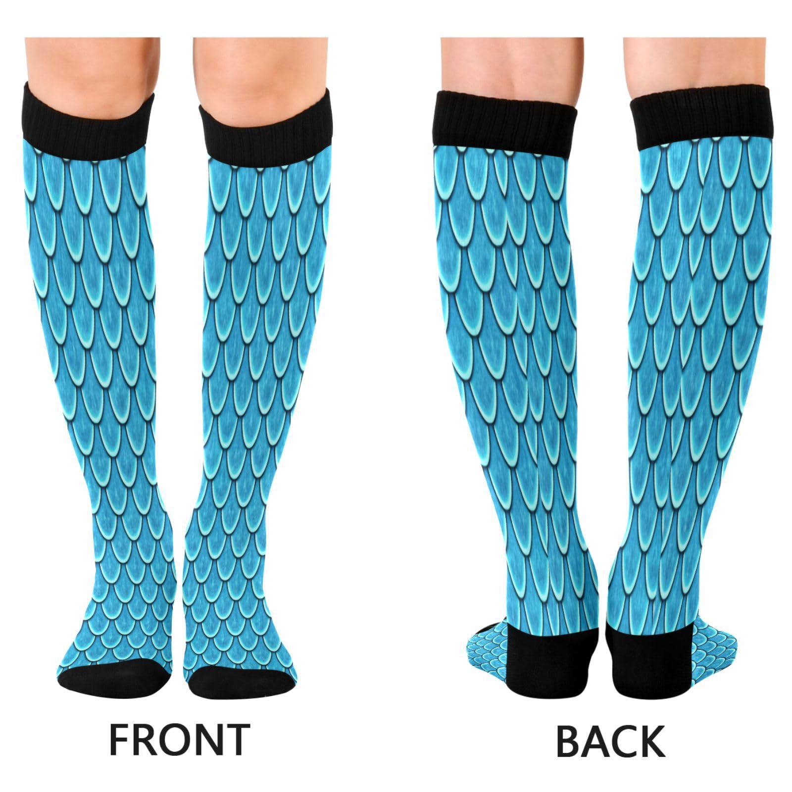 CEBUGI Blue Shimmering Scales Compression Long Socks Women Men Knee High Running Socks for Sports Hiking Travel,1 pair