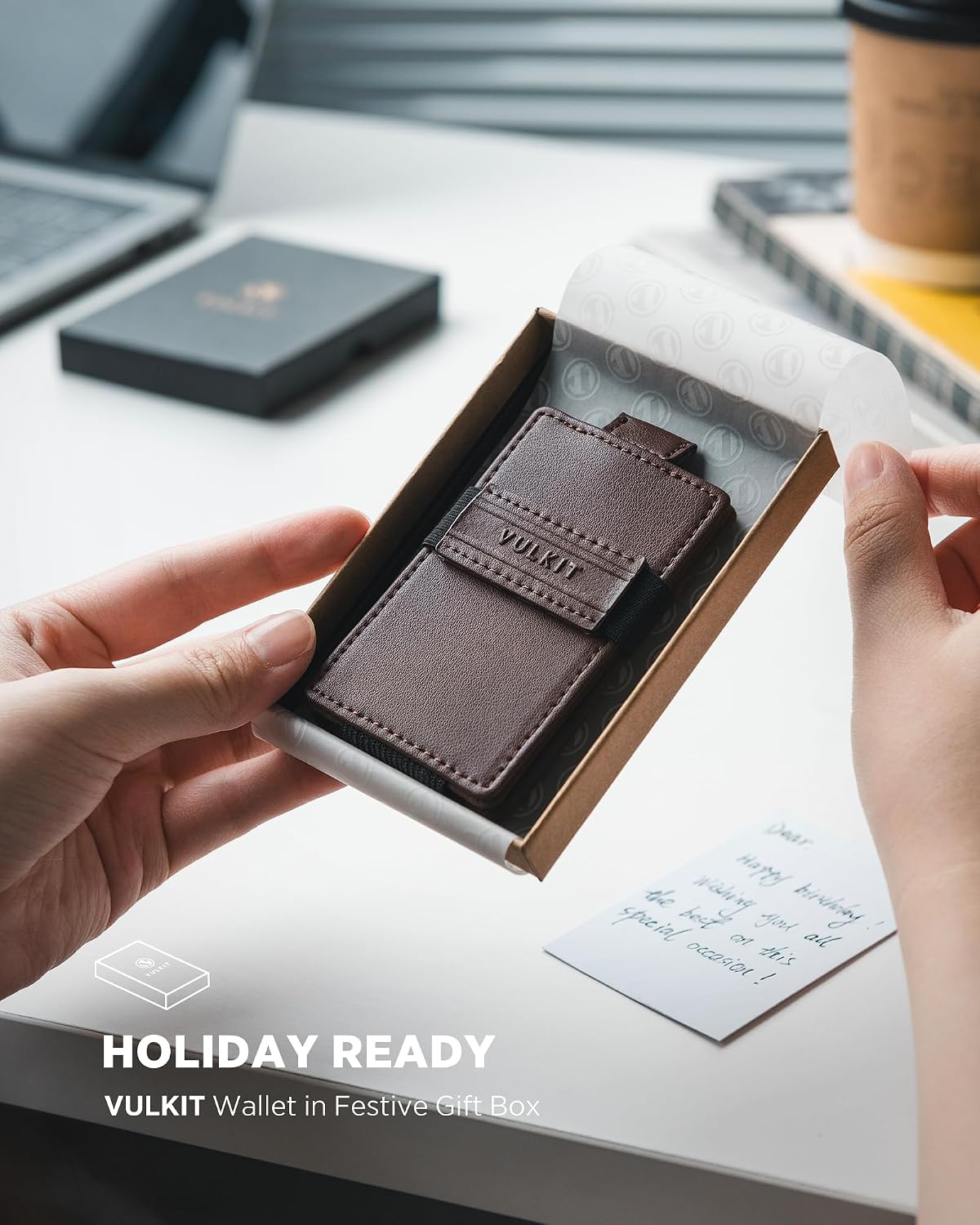 VULKIT Minimalist Slim Wallet for Men RFID Blocking, Pull Tab Quick Access, Leather Cash & Card Holder, Coffee Brown