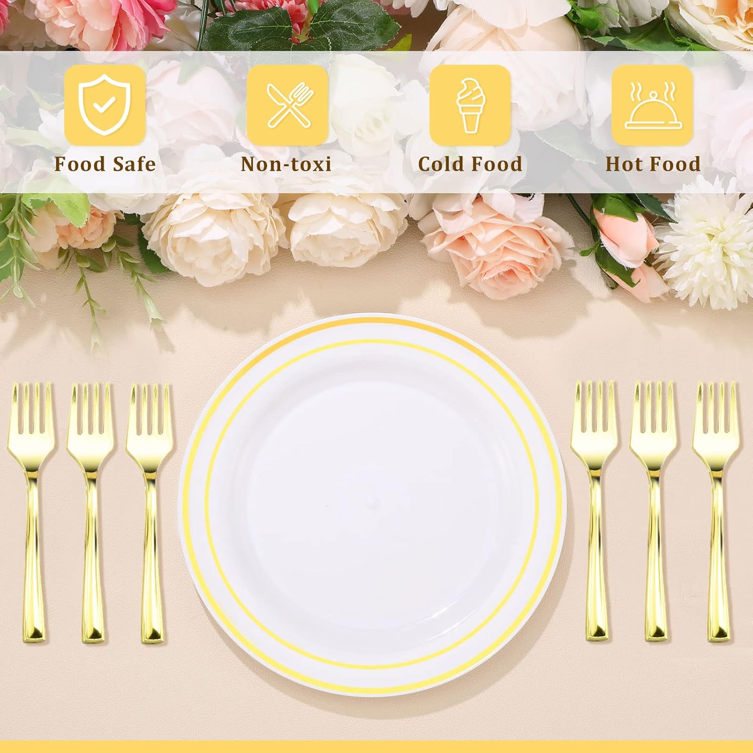 Eccliy 400 Pieces Plastic Cake Plates with Dessert Forks, 7.5 Inch Disposable Plastic Plates Appetizer Plates Salad Plates Party Plates Heavy Duty for Wedding Reception Parties Holidays (Gold) - Image 3