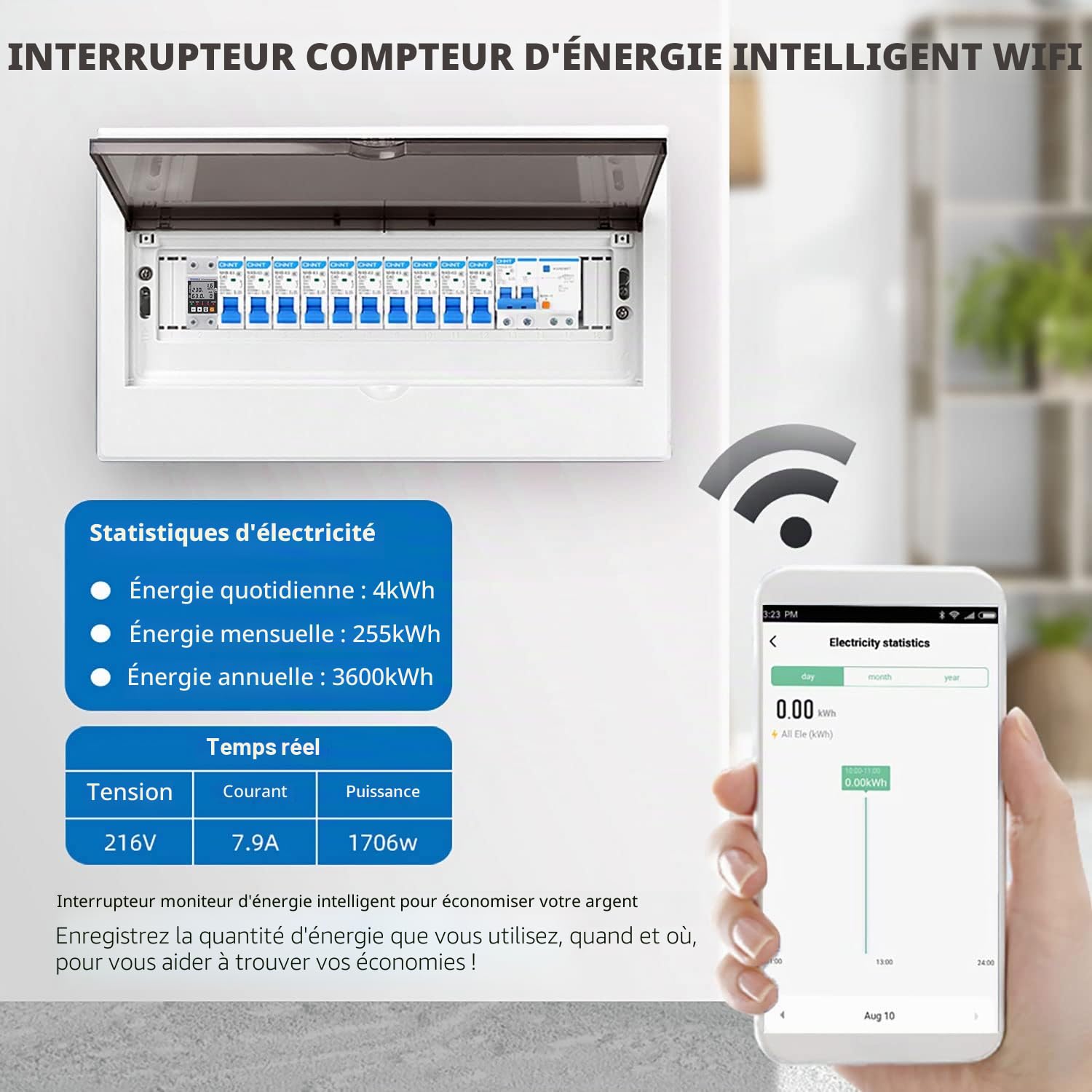 Compteur d'énergie intelligent Wi-Fi CA 63A 80-300V Protection contre les fuites de terre intelligentes de sous-tension Relais Dispositif Interrupteur Énergie 230V Smart Life APP (Noir)