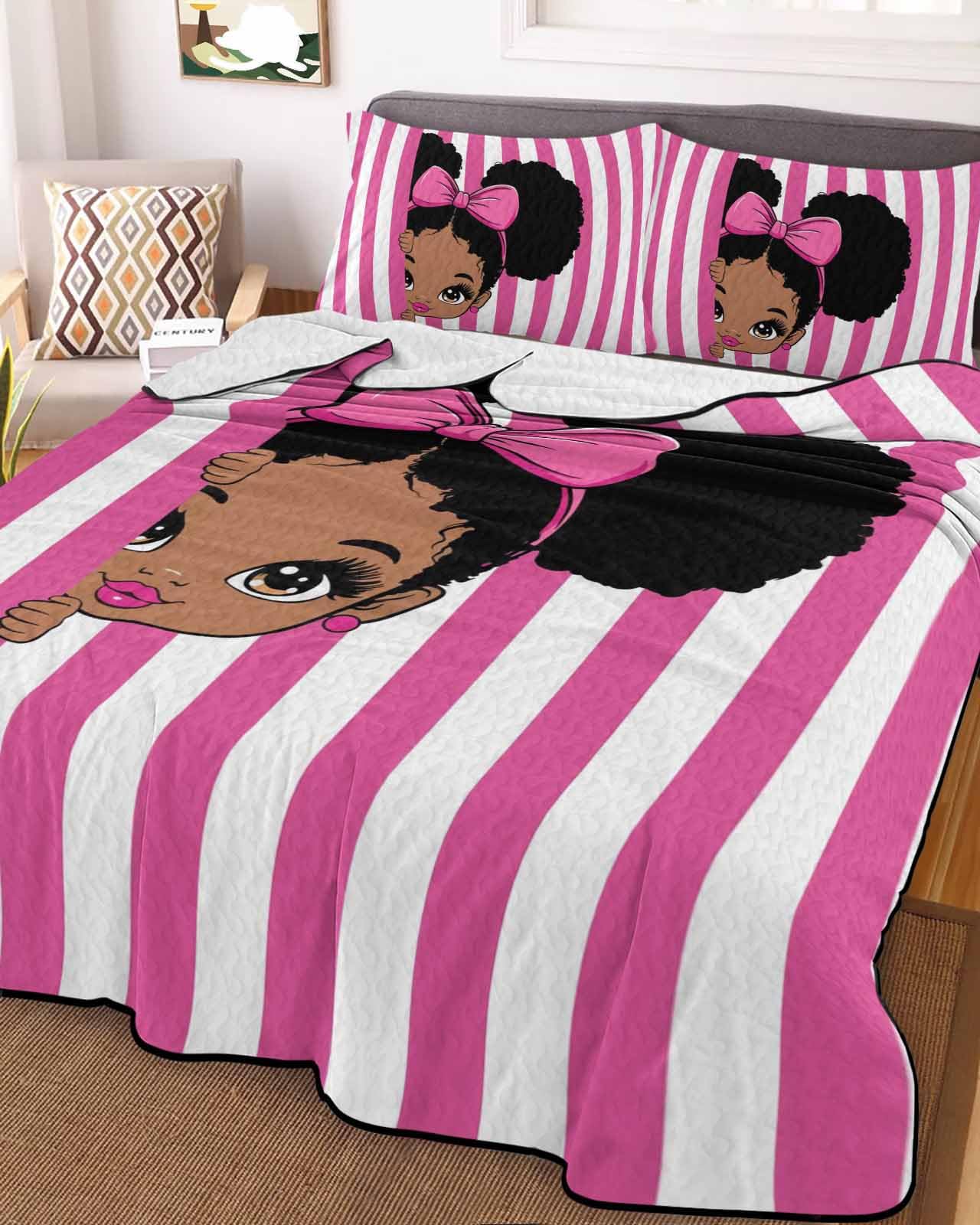 African Black Girl Peeking King Quilt Bedding Set,Summer Quilt Lightweight Quilted Coverlet with 2 Pillow Shams, Pink Bow White Stripe 3-Piece Bedspread Quilt Set for All Season