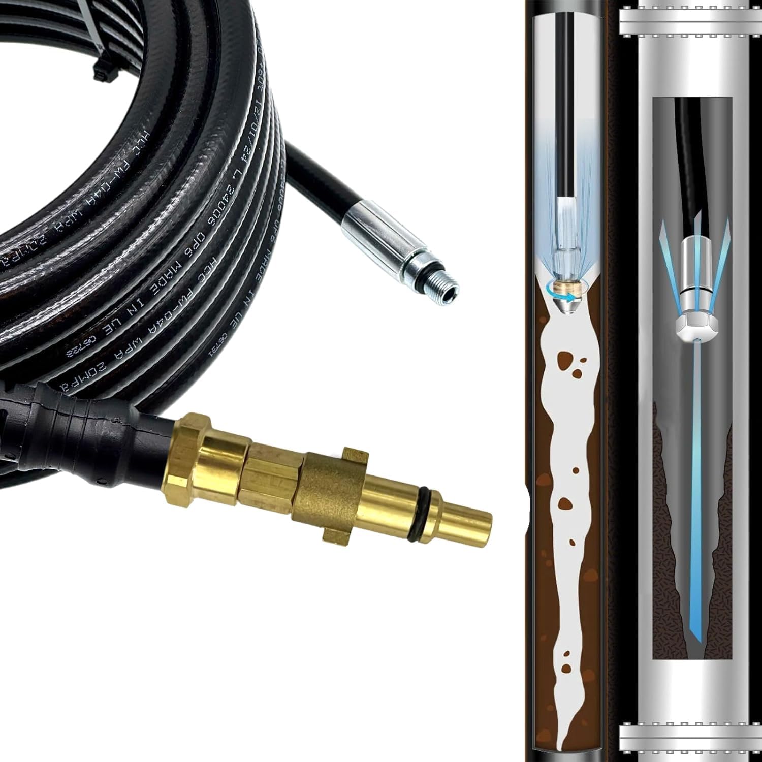 M&M Smartek Rohrreinigungsschlauch 40m für Nilfisk/KEW, 2 Düsen | Starre und rotierende Edelstahldüse, M22x1,5 Adapter und robuster Knickschutz; für Nilfisk/KEW bis 160 bar und 40 °C.