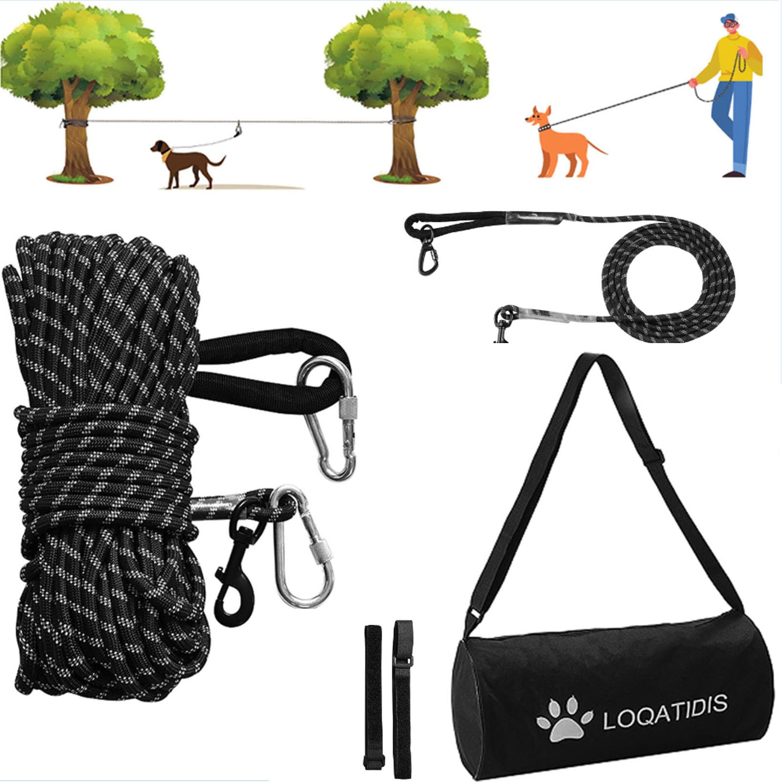 LOQATIDIS3 in 1 Dog Tie Out Cable, 50ft 100ft Portable Overhead Trolley System，Reflective Dog Lead for Yard Camping Parks Training Running Hiking Outdoor, with Large Capacity Shoulder Bag