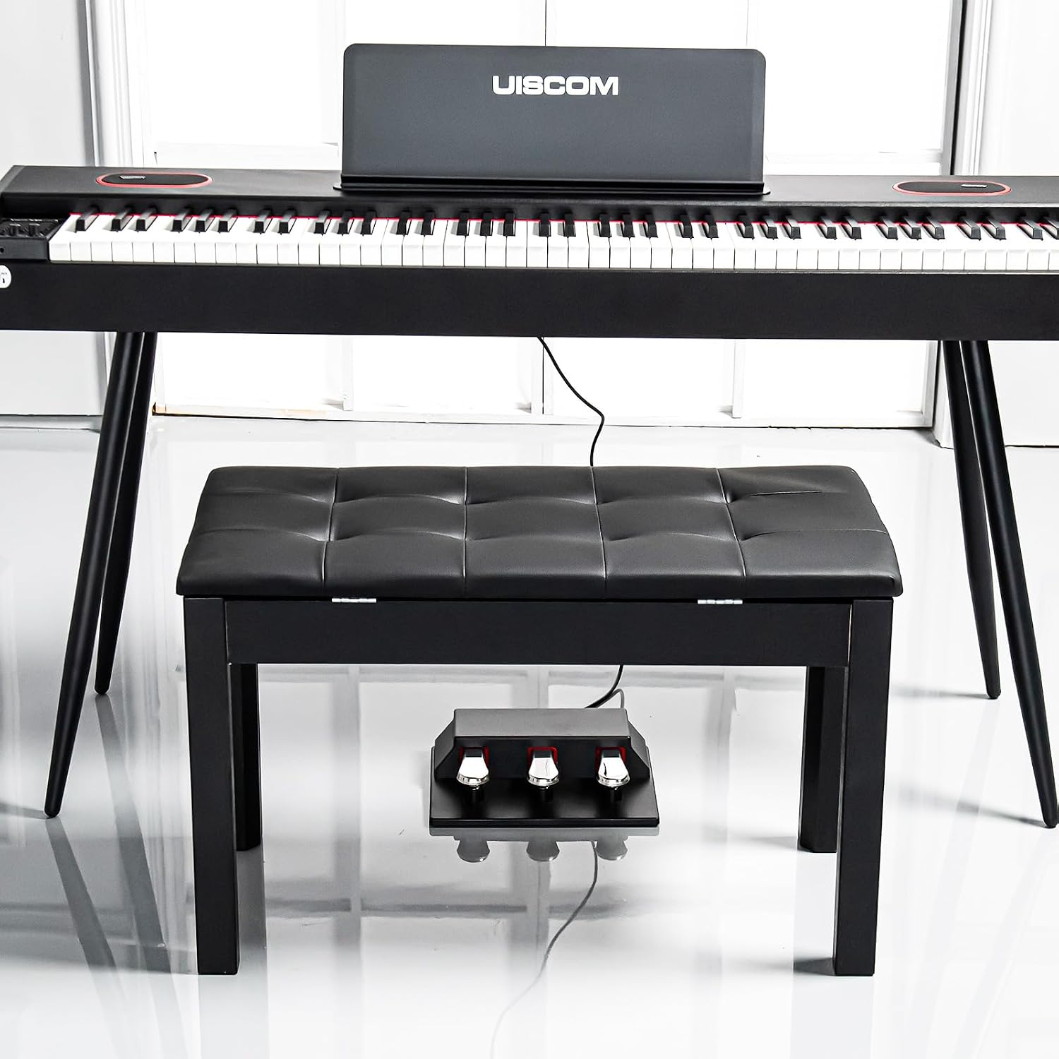 UISCOM Duet Piano Bench with Padded Cushion and Storage - Solid Wood Keyboard Bench Bookcase Stool Chair Seat Vanity Stool Tufted Wooden Piano Seat, Comfortable Sponges Pad,Black