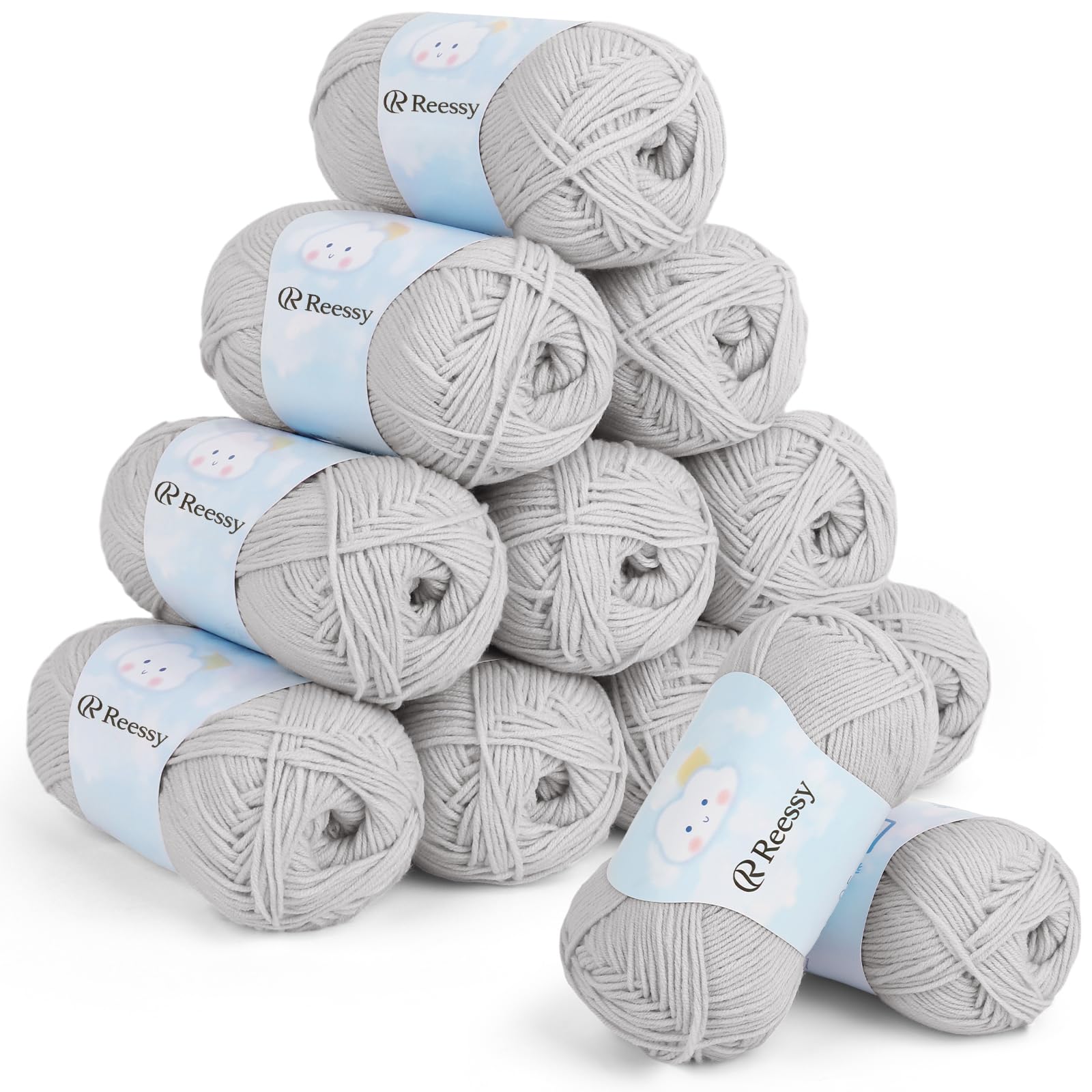 Reessy Crochet Yarn for Crochet,12 Pack Cotton Blend Yarn 480g-Light Grey
