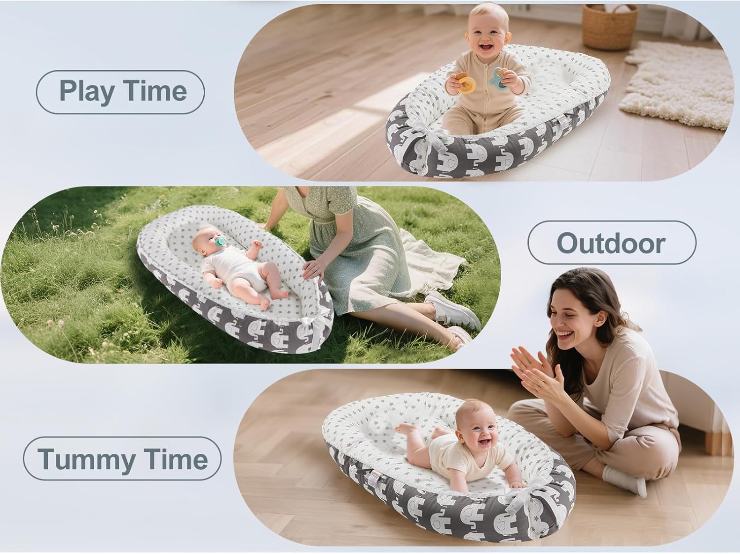 Baby Lounger for Newborn (0-24 Months) - 100% Cotton Baby Nest with Handles, 2-in-1 Play Mat & Diaper Changing Pad, Portable for Home & Travel, Infant Essentials Gifts (Elephant Gray) - Image 6