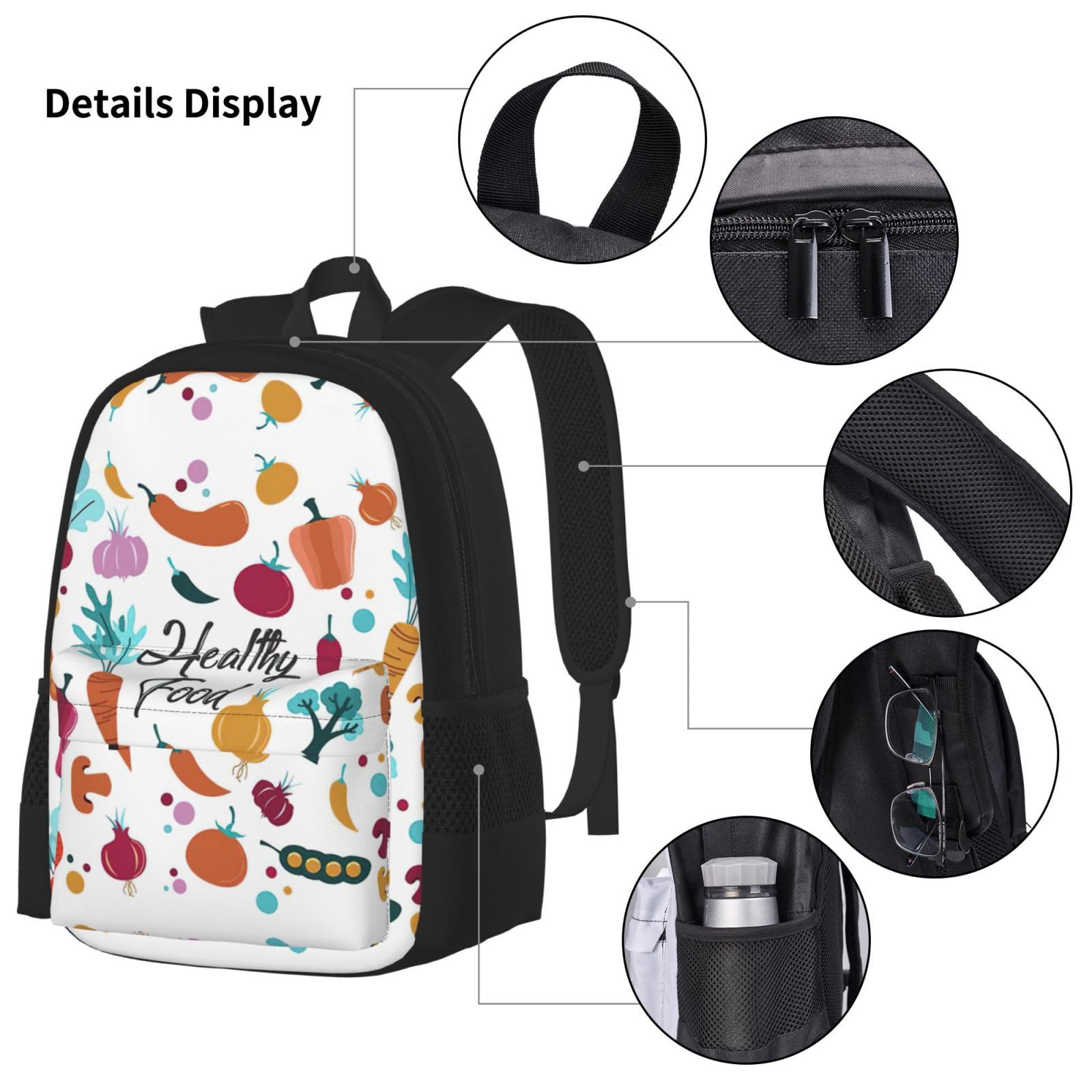 Juego de 3 mochilas escolares con estampado de alimentos saludables, mochila para laptop resistente al agua de gran capacidad con bolsa de almuerzo aislada y estuche para lápices para