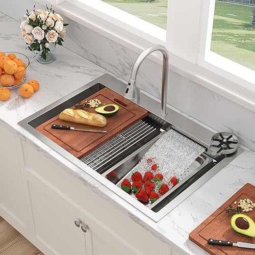 Miniatura 2 de Sarlai - Fregadero de cocina de 33 niveles con repisa de doble nivel, con estación de trabajo de 33 x 22 pulgadas, de acero inoxidable de calibre