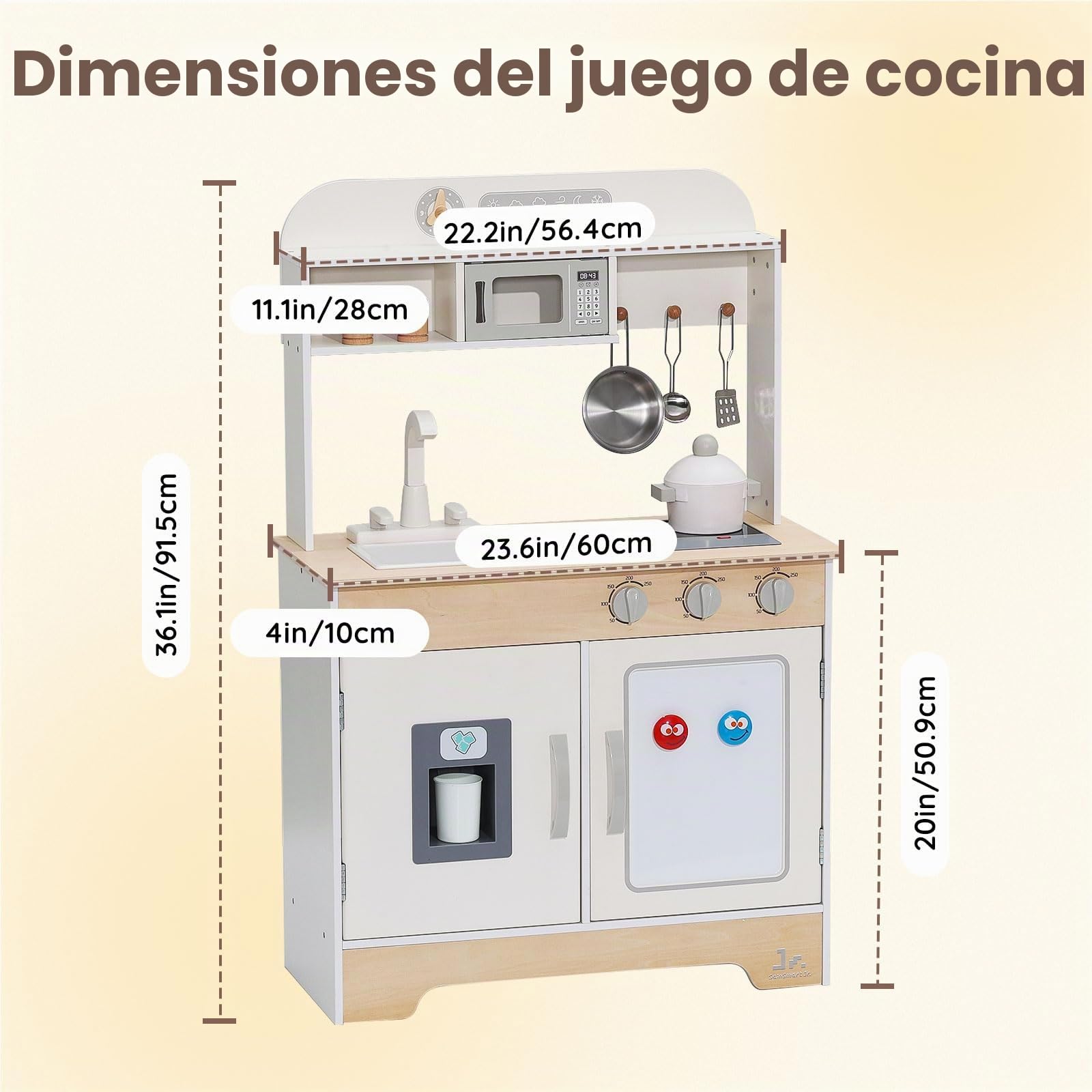 SainSmart Jr. Cocina de juguete de madera para niños – Juego de cocina de alta calidad para niños pequeños – Incluye estufa, nevera y accesorios para niños y niñas, color blanco