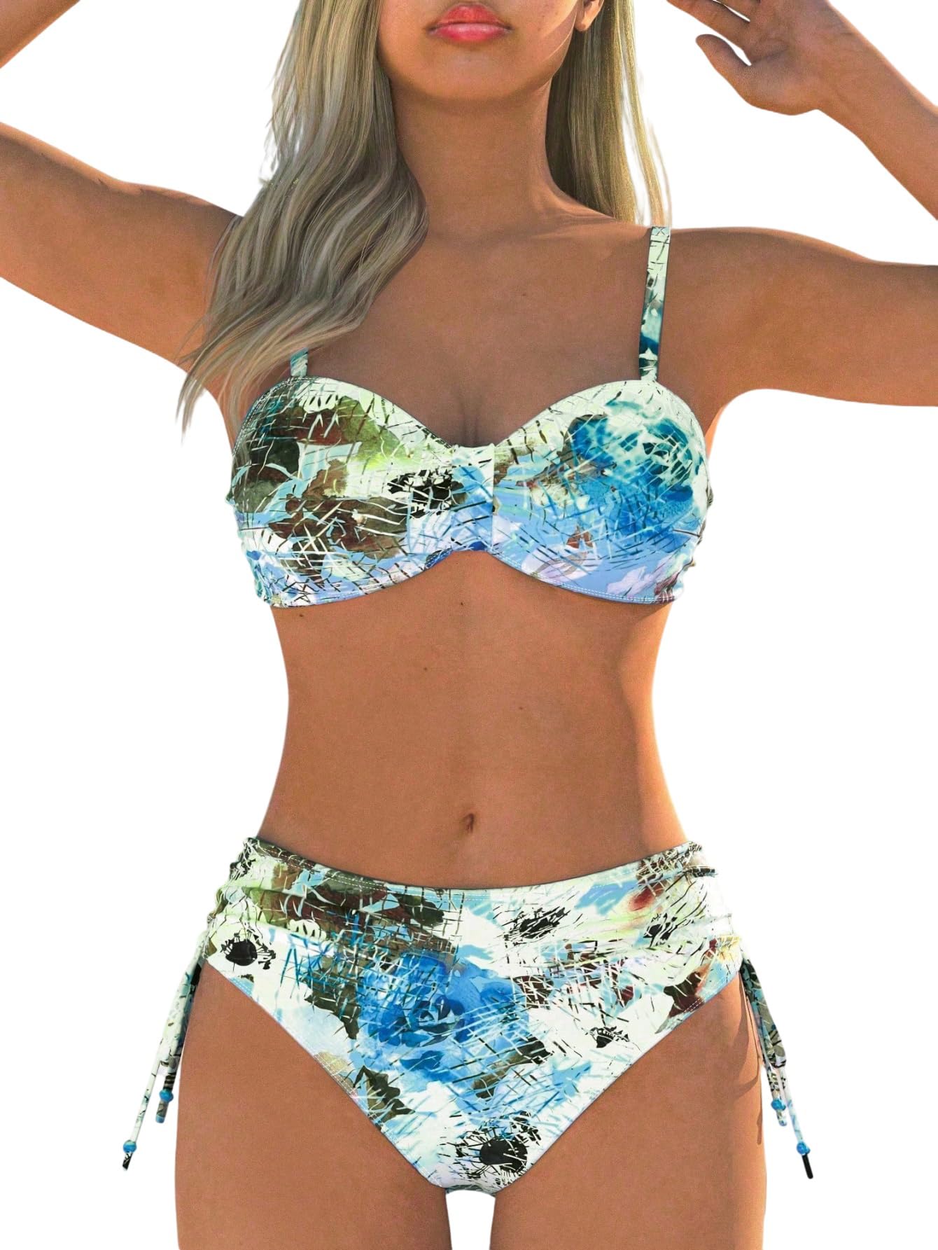 GORGLITTER Bikini para mujer de cintura alta, 2 piezas, con diseño floral, tirantes delgados, parte superior de bikini con banda inferior push up, moda de playa