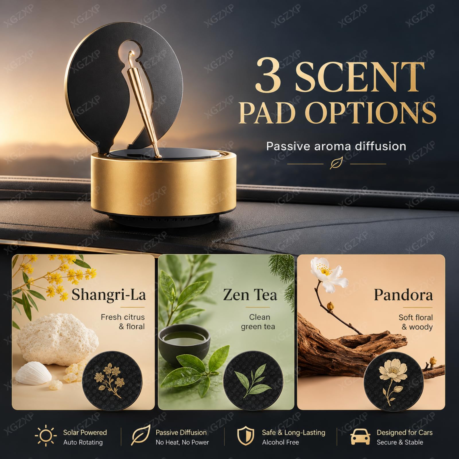 Deodorante per Auto, Diffusore Solare Rotante per Auto, 11 Cm × 11 Cm × 12 Cm, Accessorio Deodorante per Auto in Lega Senza Batterie, Rotazione Automatica, per Ufficio E Casa Black