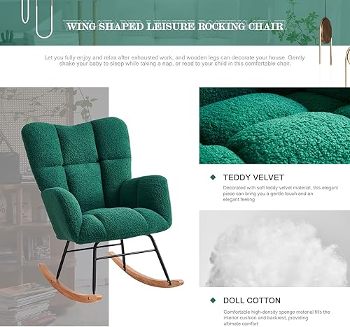 Miniatura 4 de Mecedora para guardería, mecedora tapizada de peluche con respaldo alto, sillas modernas para guardería, sala de estar, dormitorio, oficinas (verde)