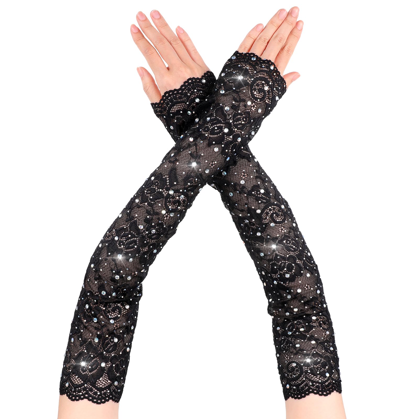Lange roze rode visnet handschoenen zonder vingers voor vrouwen met strass glanzende mode opera handschoenen voor de jaren 80 kostuum party Halloween
