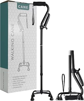 Stand Assist Walking Cane for Seniors - Foldable Adjustable Quad Cane with Second Handle for Leverage, Self Standing Walking Stick with 4-Pronged Base for Stability and Surgery Recovery