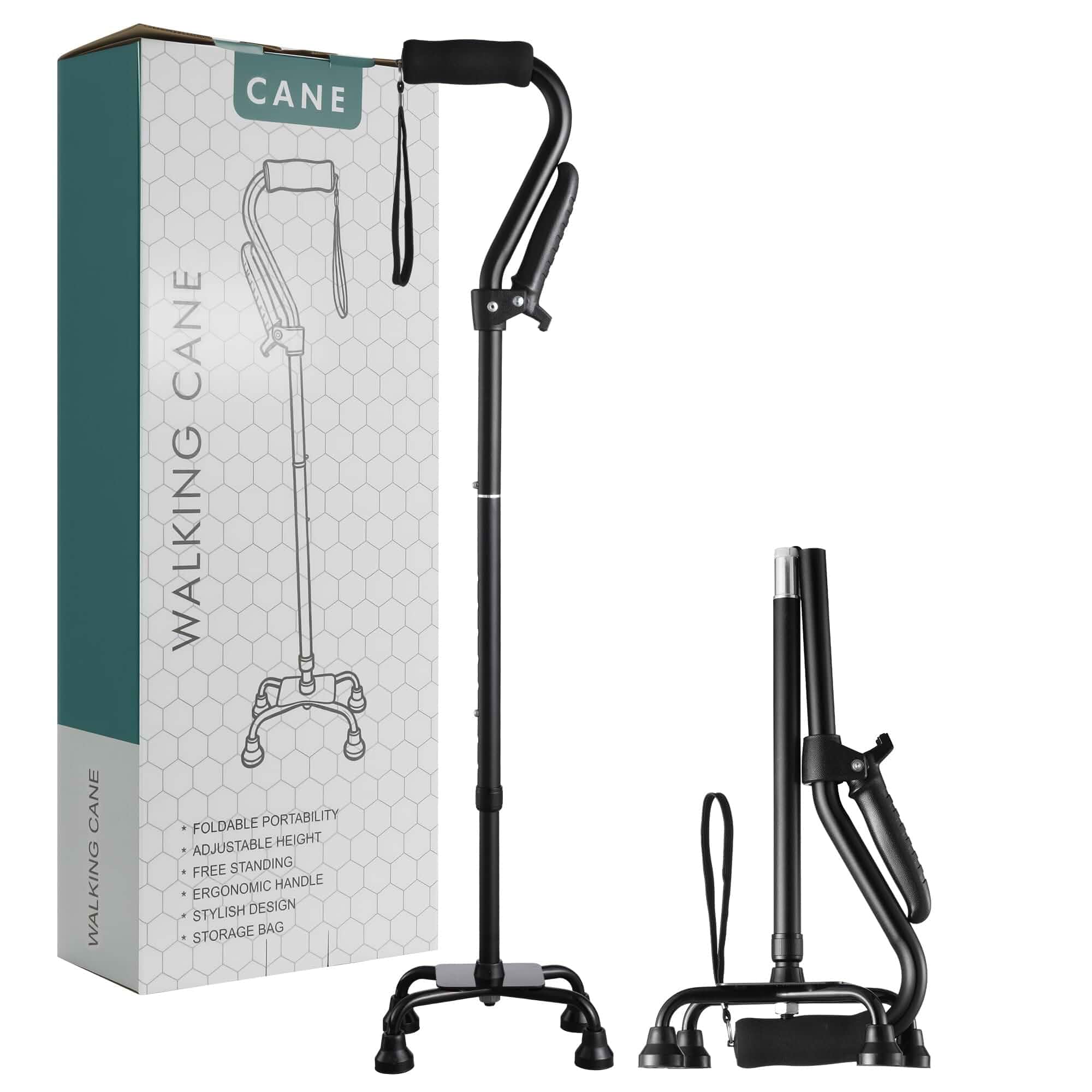 Stand Assist Walking Cane for Senior - Foldable Adjustable Quad Cane with Second Handle for Leverage, Self Standing Walking Stick with 4-Pronged Base for Stability and Surgery Recovery