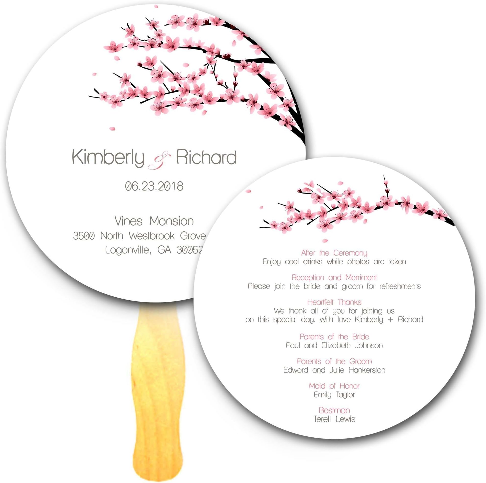 Circle Cherry Blossom Program Wedding Hand Fans - Set of 20 - Double sided custom Print on Jumbo Popsicle Wavy Wooden Stick