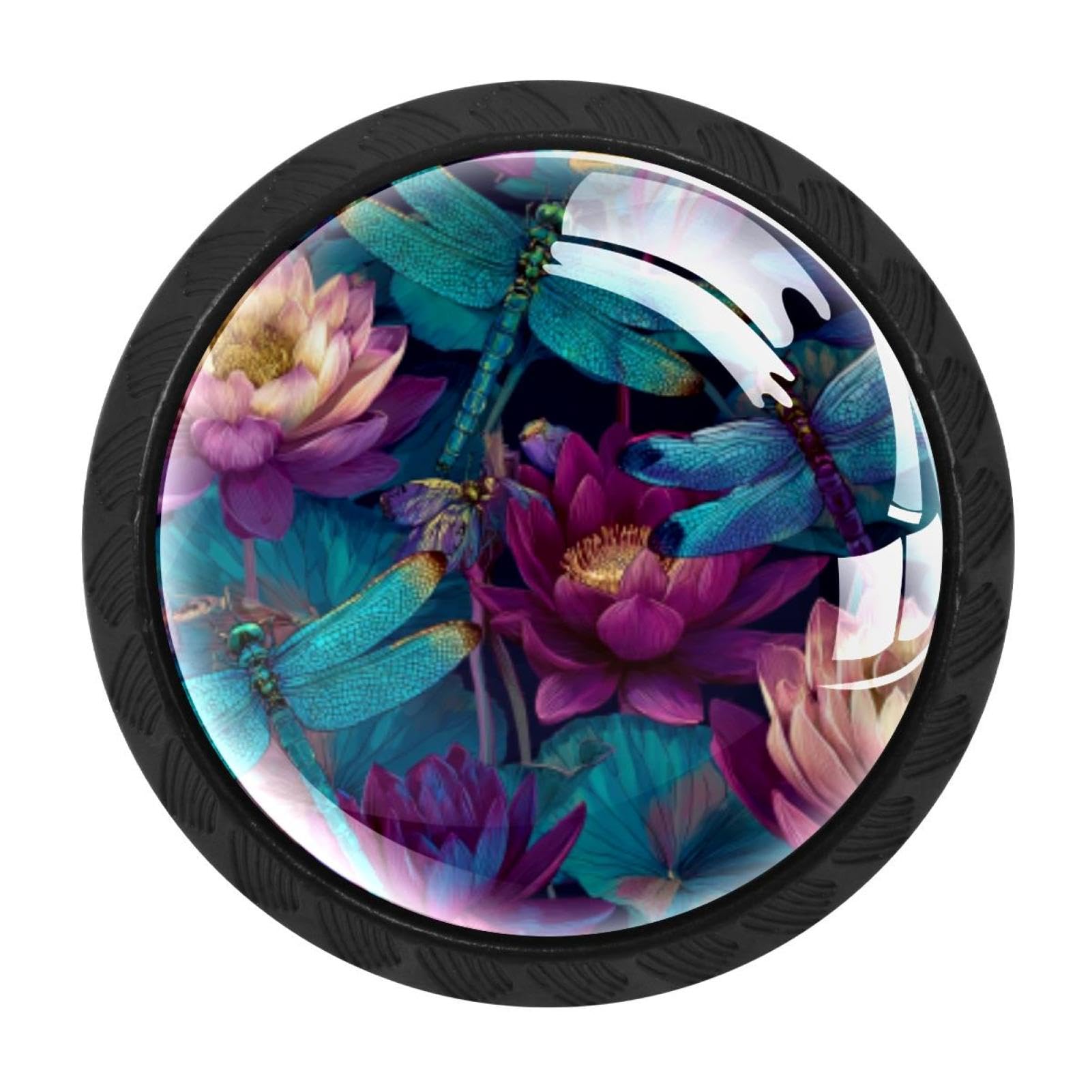 CHENZZZZ 4 Pieces Round Cabinet Knobs Fantasy Dragonflies and Lotus Flowers Dresser Knobs Pulls Handles with Screws for Drawer Pulls Handles Knobs Door Knobs