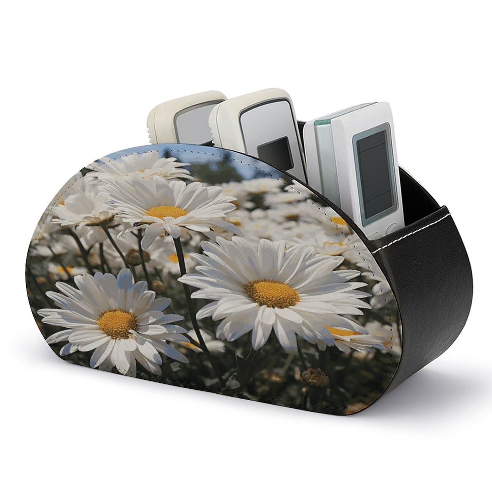 FekiLoot Wild White Daisies Remote Control Holder, PU Leather Remote Control Organizer Box Stationery Remote Control Box Desk Storage Organizer for DVDs,Glasses,Pens,Media Players