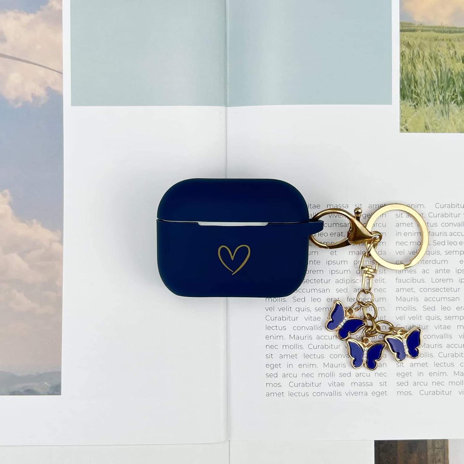 Compatible with AirPods Pro Case Cover, Soft Silicone Case with Gold Heart Pattern for AirPod Pro Case with Cute Butterfly Keychain for Girls Women (Midnight Blue) image 5