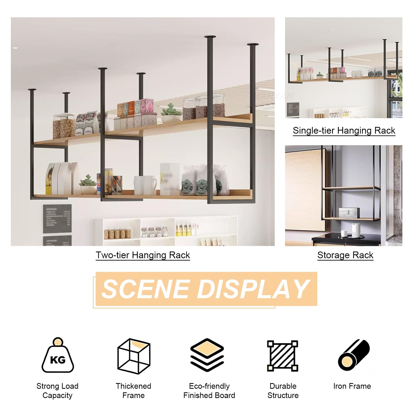 MARXAN Support de Rangement Suspendu en Bois Massif en métal pour Bar/Restaurant/Maison – étagère de Plafond pour Verres à vin, Bouteilles et Plantes