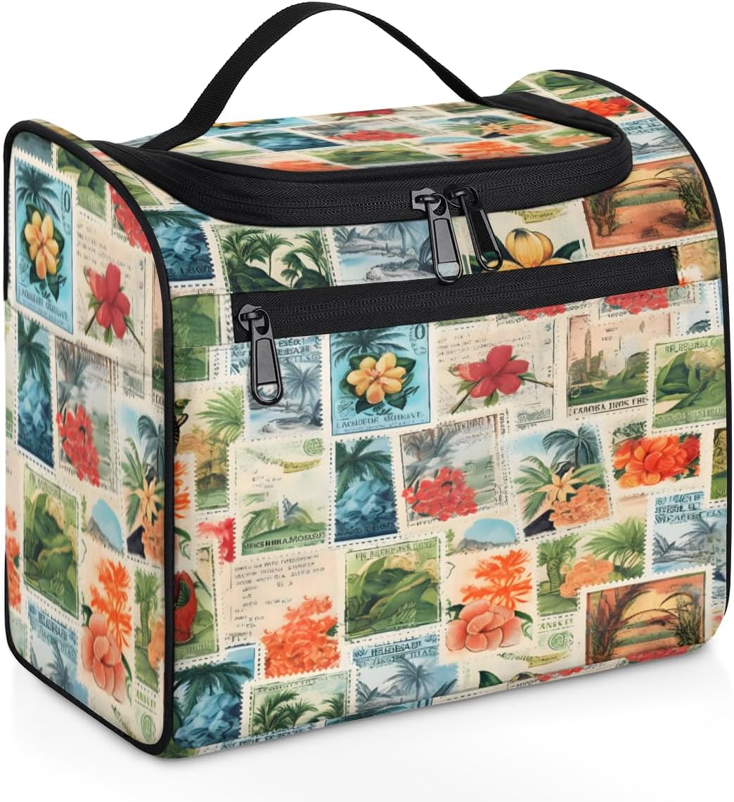 Tropical beach Large Hanging Travel Toiletry Bag for Women Water Resistant Summer Theme Bathroom Cosmetic Makeup Bag with Hanging Hook for Toiletries