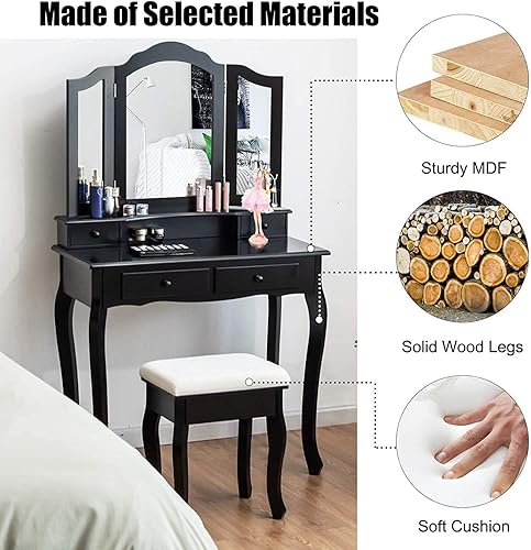 Miniatura 5 de RIVALLYCOOL Juego de mesa de tocador 2 en 1, juego de tocador multiusos con 4 cajones de espejo de triple pliegue, taburete acolchado, mesa de