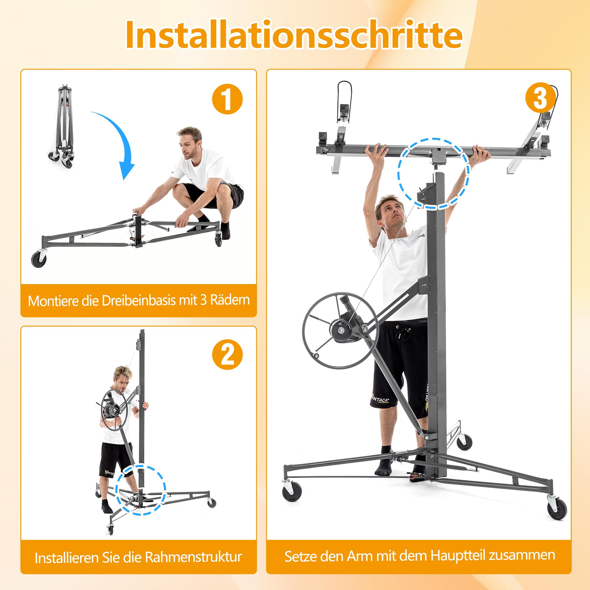Plattenheber Trockenbau, Plattenlift Bis Max. 68 kg, Höhe 180-470 cm, 60-Grad-Neigung, mit 3 Bremsrädern, Hebevorrichtung Lastenheber für Decken und Wände, Grau, HD26041502