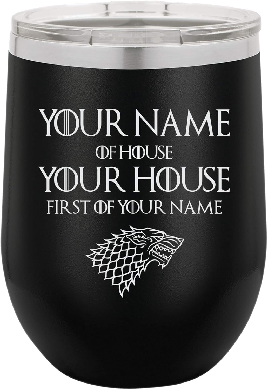 [Personalized] "Your Name of House Your House, First of Your Name" GoT Inpired Design Engraved Insulated Stainless Steel Wine Tumbler, 12 Oz., Fuchsia