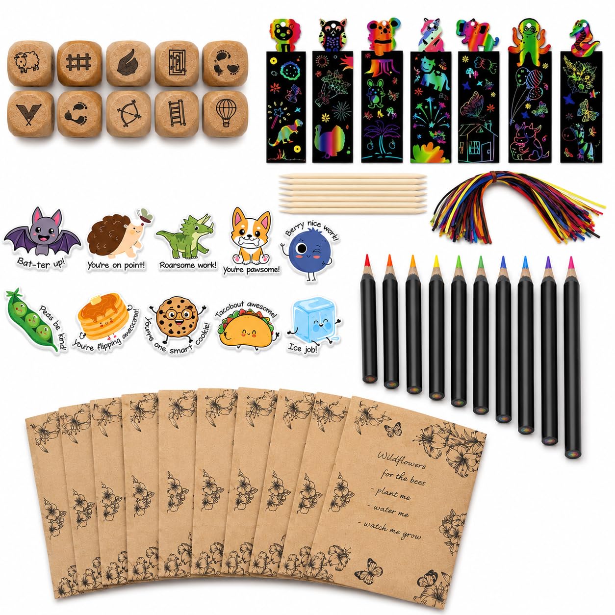 ECO FRIENDLY Low-Plastic Party Bag Fillers for Kids, 50 Pieces for 10 Children, Wooden Story Dice, Scratch Bookmarks, Rainbow Pencils, Paper Stickers and Wildflower Seed, Party Favours Ages 3+