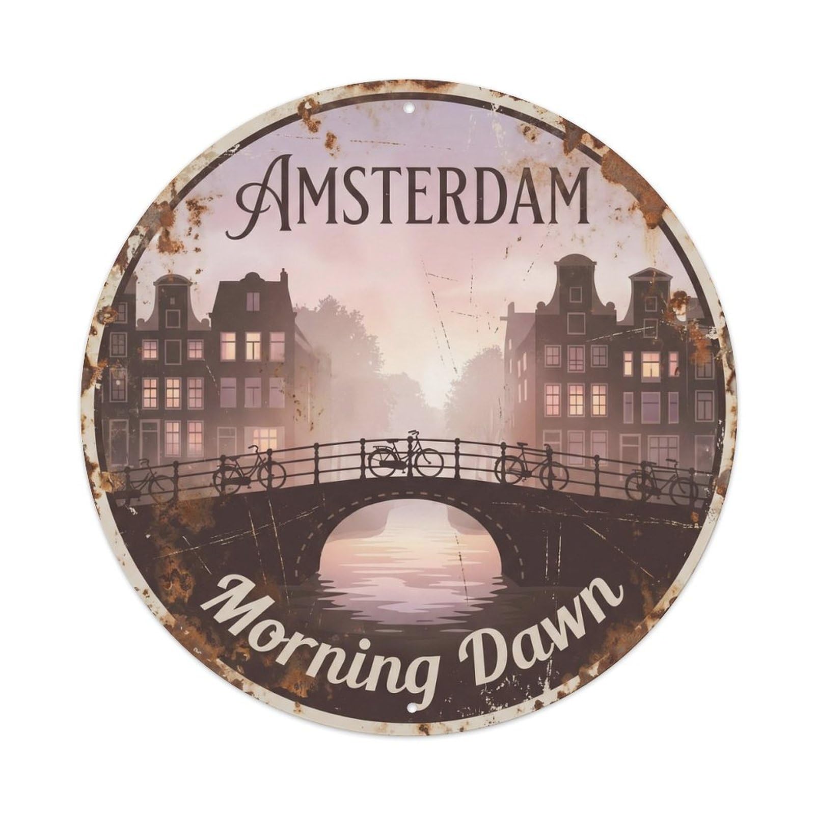 Vintage Travel Amsterdam Dawn Canal Metal Tin Sign Plaque Wall Decor for Cafe, Club, Garden Round Metal Poster 8x8Inch