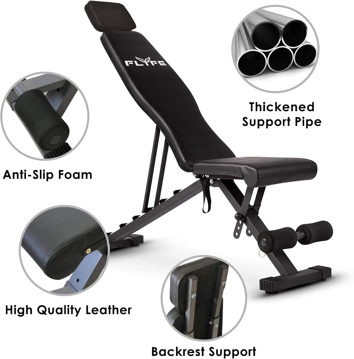 FLYFE Adjustable Weight Bench – Foldable and Compact Workout Bench – Incline and Decline Flat Utility Weight Bench – Strength Training Fitness Bench for Full Body Workout with Extended Headrest : Sports & Outdoors