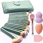 Make Up Brush Sets for Women, NEVSETPO 28PCS Synthetic Makeup Kits Include 24 Makeup Brushes,2 Beauty Blenders, 1 Dual End Masks Spatula, 1 Brush Set Cleaning Mat, Travel-Friendly Makeup Case, Green