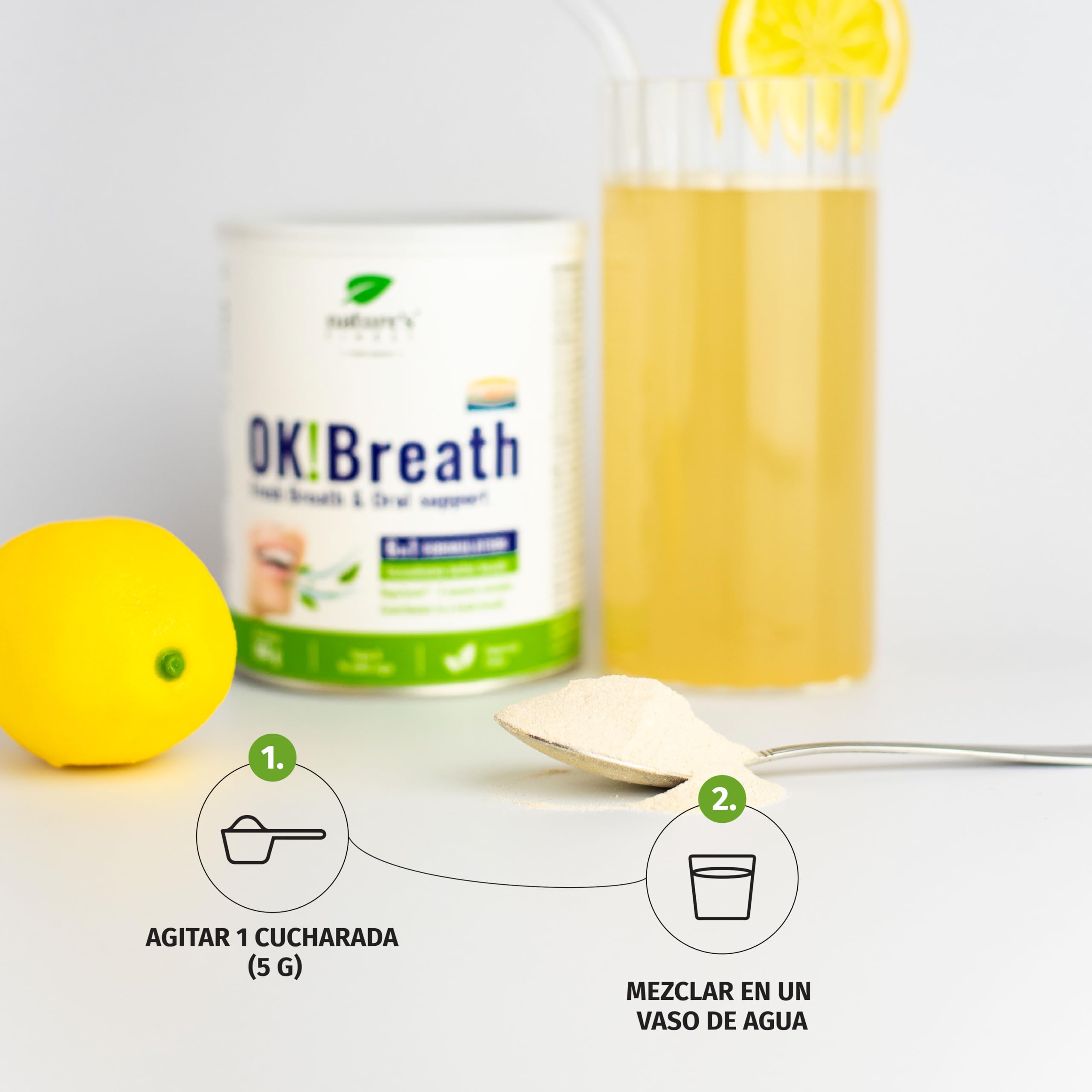 Nature's Finest OK!Breath, Bebida en Polvo 300 g (Paquete de 2) | bebida en polvo 6 en 1 con tomillo, DigeZyme, ginseng siberiano, jengibre, calcio y vitamina C - sabor limón y menta