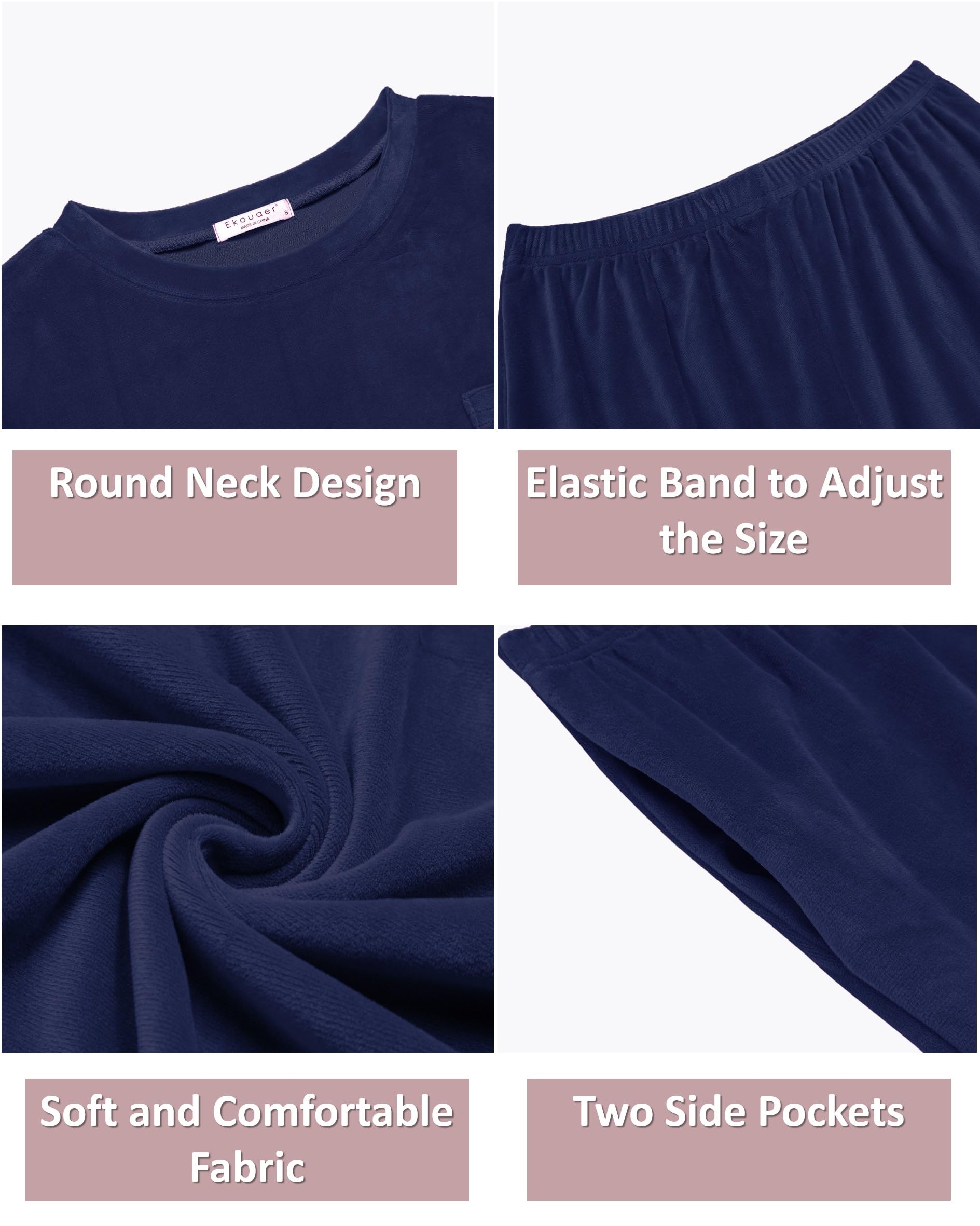 Ekouaer Pigiama da Donna Set Lungo Girocollo in Velluto per Il Tempo Libero Completo Pigiama Invernale Caldo Casual da Casa con Tasche