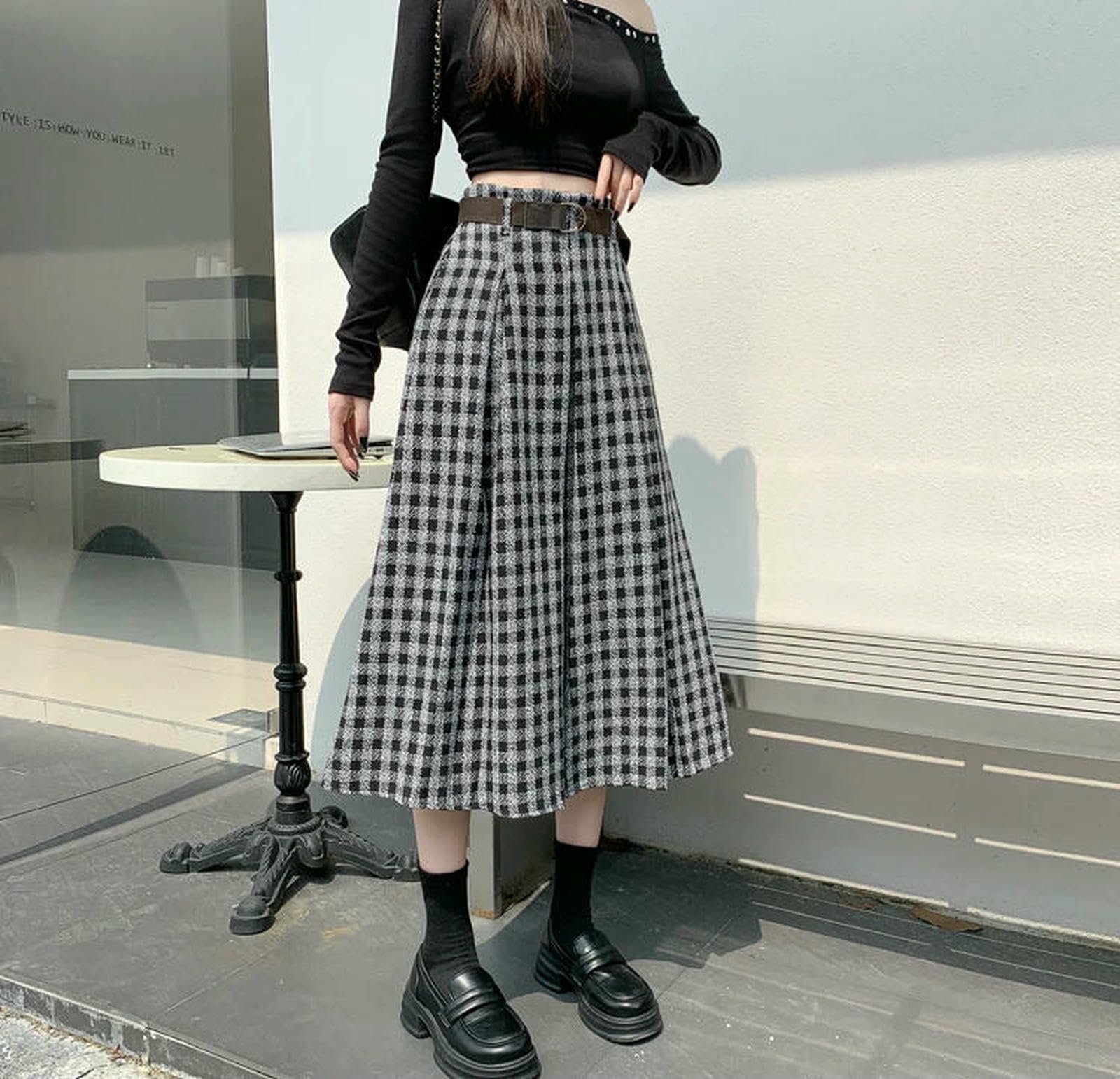 Gonna Lunga Gonne A Trapezio da Donna Vintage Autunno Inverno con Cintura Vita Alta, Larghe Casual Ombrello-Nero-l