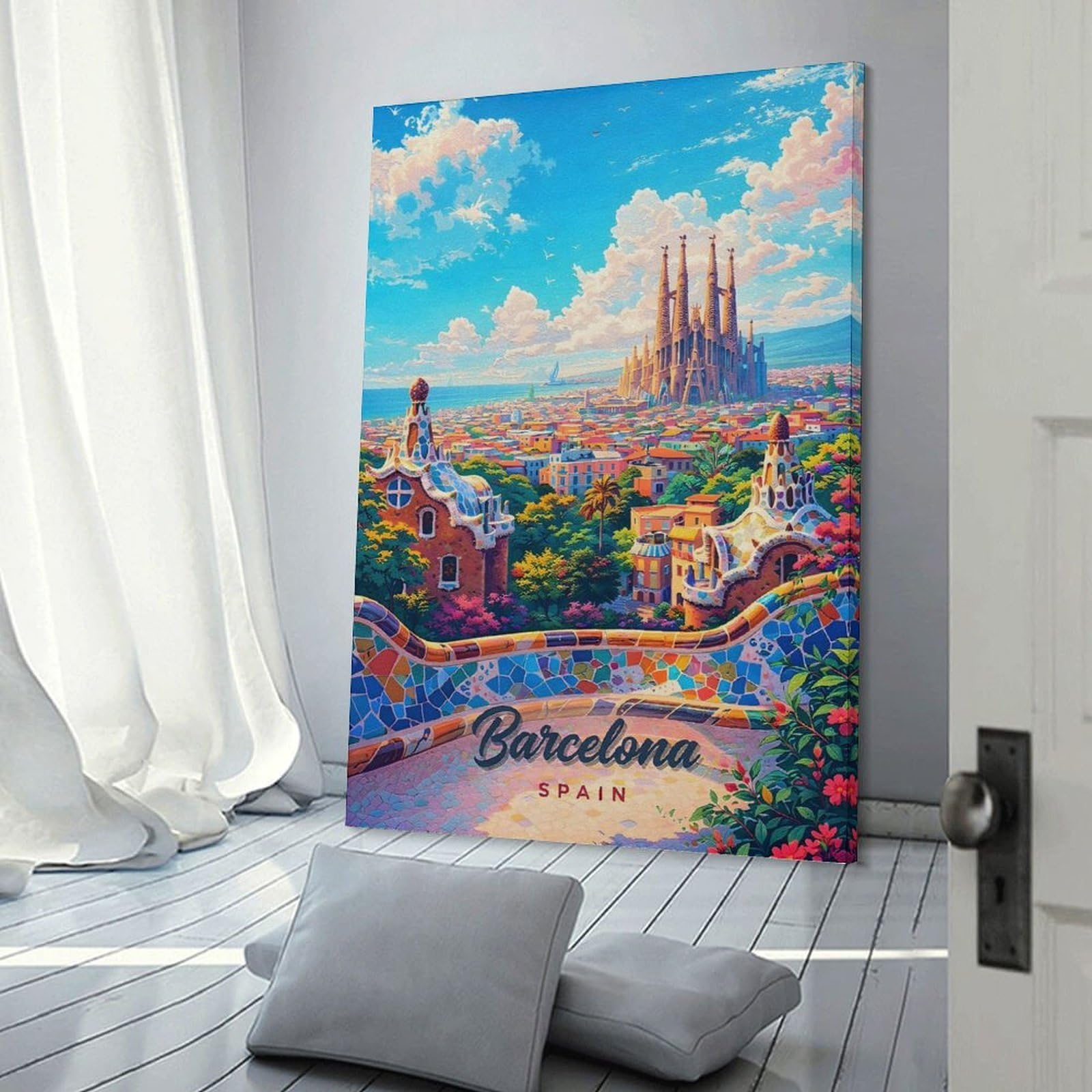 Junmoney Decorative Wall Artwork Barcelona Cityscape with Sagrada Familia, 24x36inch(60x90cm), for Home, Office, Studio Or Guest Room, A Flexible Wall Accent for Shared Spaces