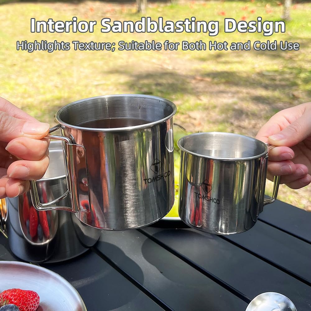 Juego de 4 Tazas Plegables de Acero Inoxidable con Asas, Ideales para Camping, picnics, Senderismo, Pesca y Viajes.