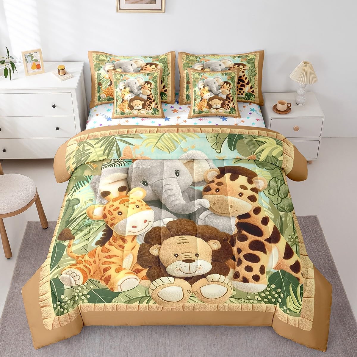 Feelyou Toddler Cartoon Animal Queen Comforter Set with Sheets for Kids Boys Girls Tiger Bed in a Bag Elephant 7 Pieces Bedding Set Bedroom Decor Lion Bed Set Elephant