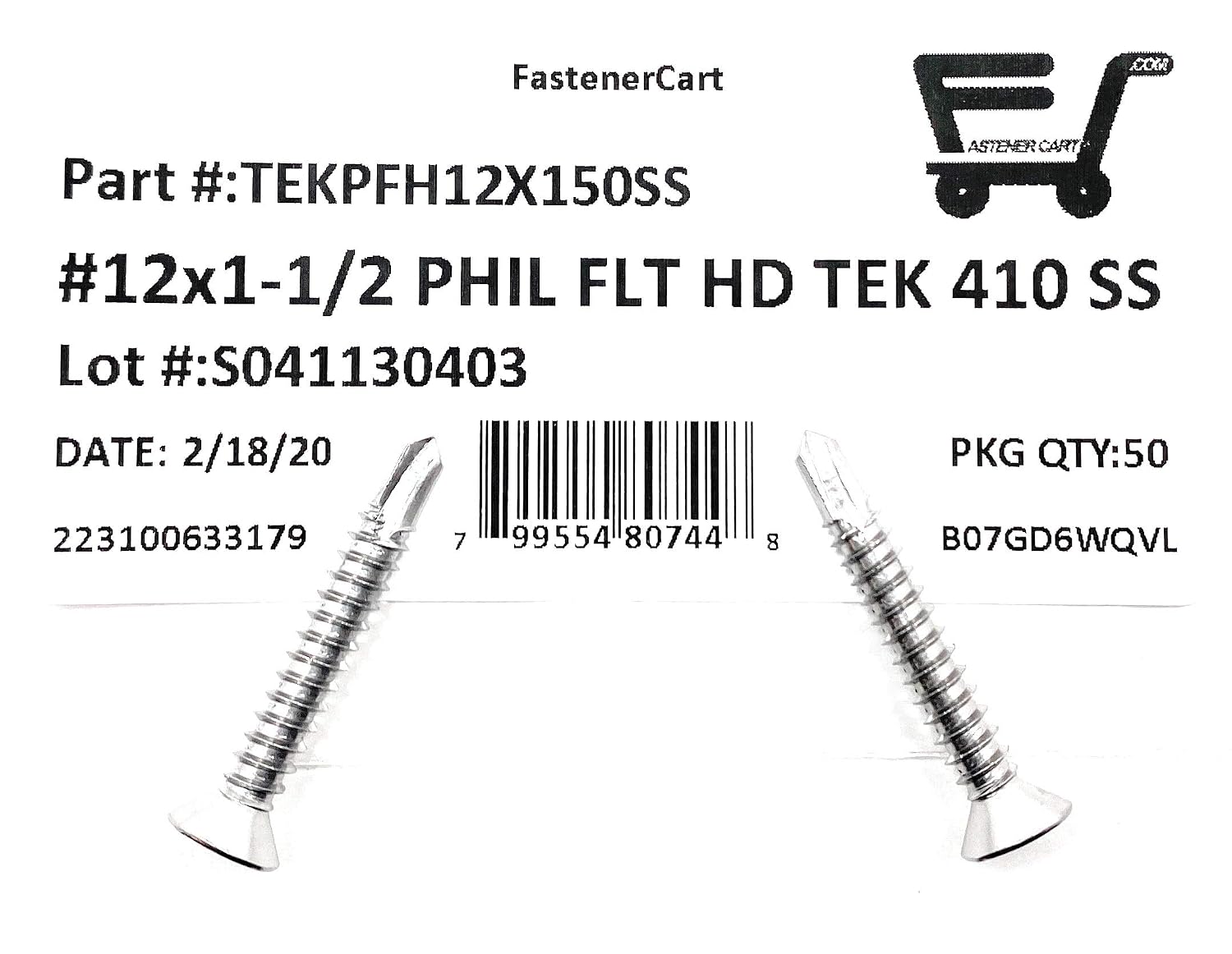 #12x1 1/2 Stainless Steel Phillips Flat Head Self Drilling Tapping TEK Screw (410 Stainless Steel) 50 Pieces 12X1-1/2