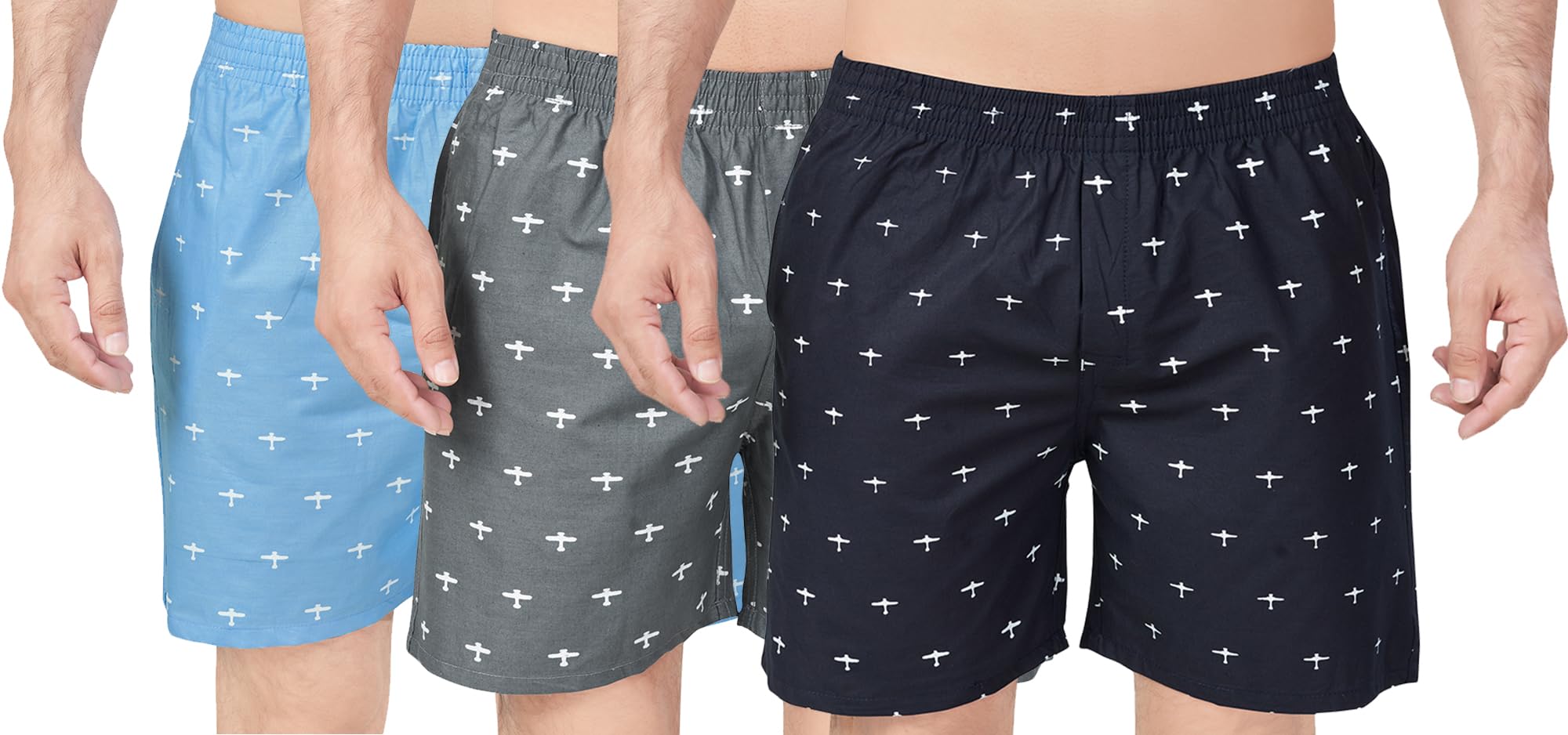 Men's Cotton Boxer Shorts Blue, Grey & Black Airplane Print Knee Length Breathable Fabric (M to XXL) Pack of 3