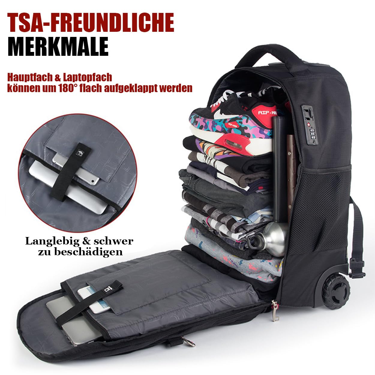 star cloud 21x14x9 Reiserucksack mit Rollen – Wasserabweisender Rucksack Trolley mit 17,3" Laptopfach – Handgepäck Rucksack Rollen für Geschäftsreise, Hochschulen & Wochenendtrip