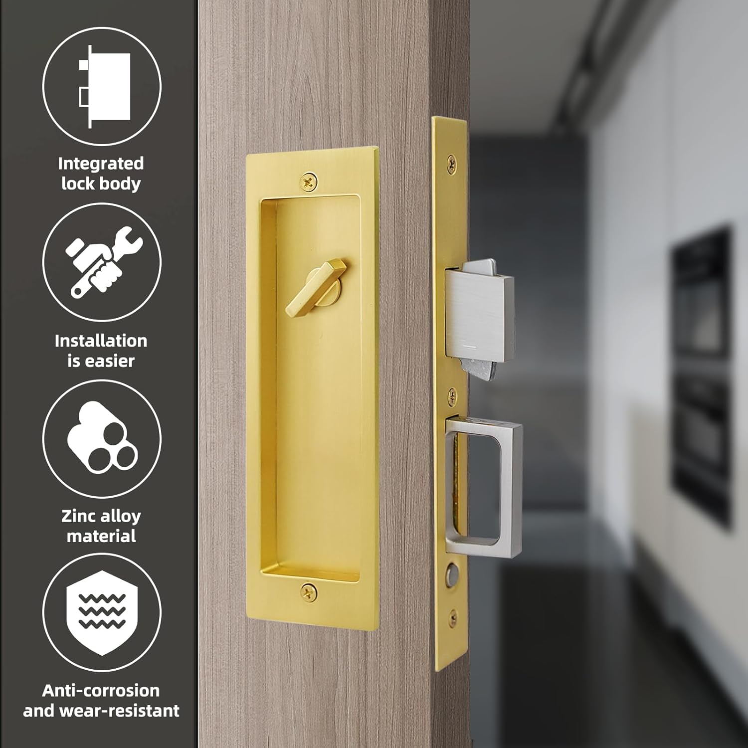Pocket Door Lock,Modern Rectangular Pocket Door Hardware, Finger Flush Pulls with Edge Pull for Pocket Doors, Sliding Doors,Folding Doors etc (Gold, Keyed Lock)