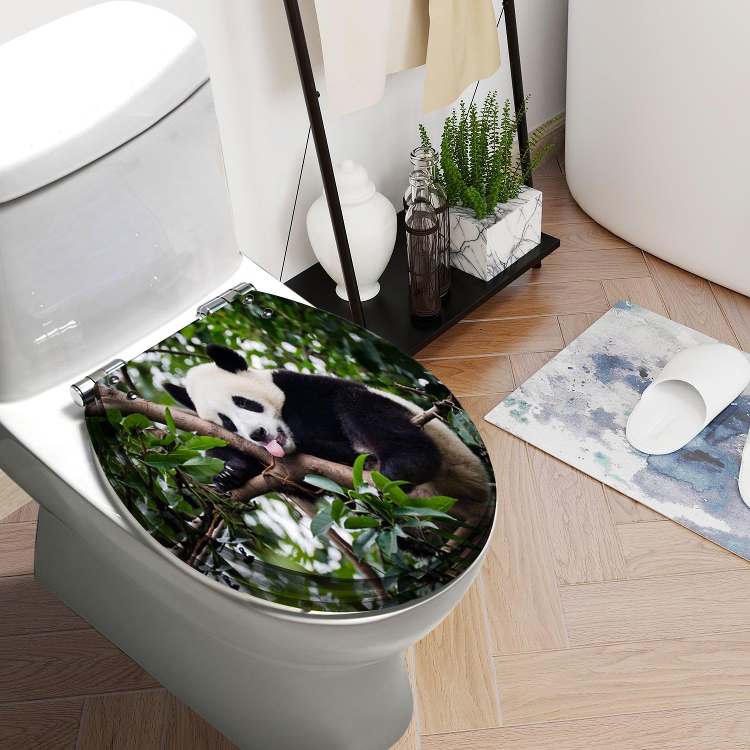 Round Toilet Seat Panda Tongue Out Resin Toilet Seat Slow Quiet Close with Quick-Release Hinges Toilet Seat with Cover Easy to Clean Install