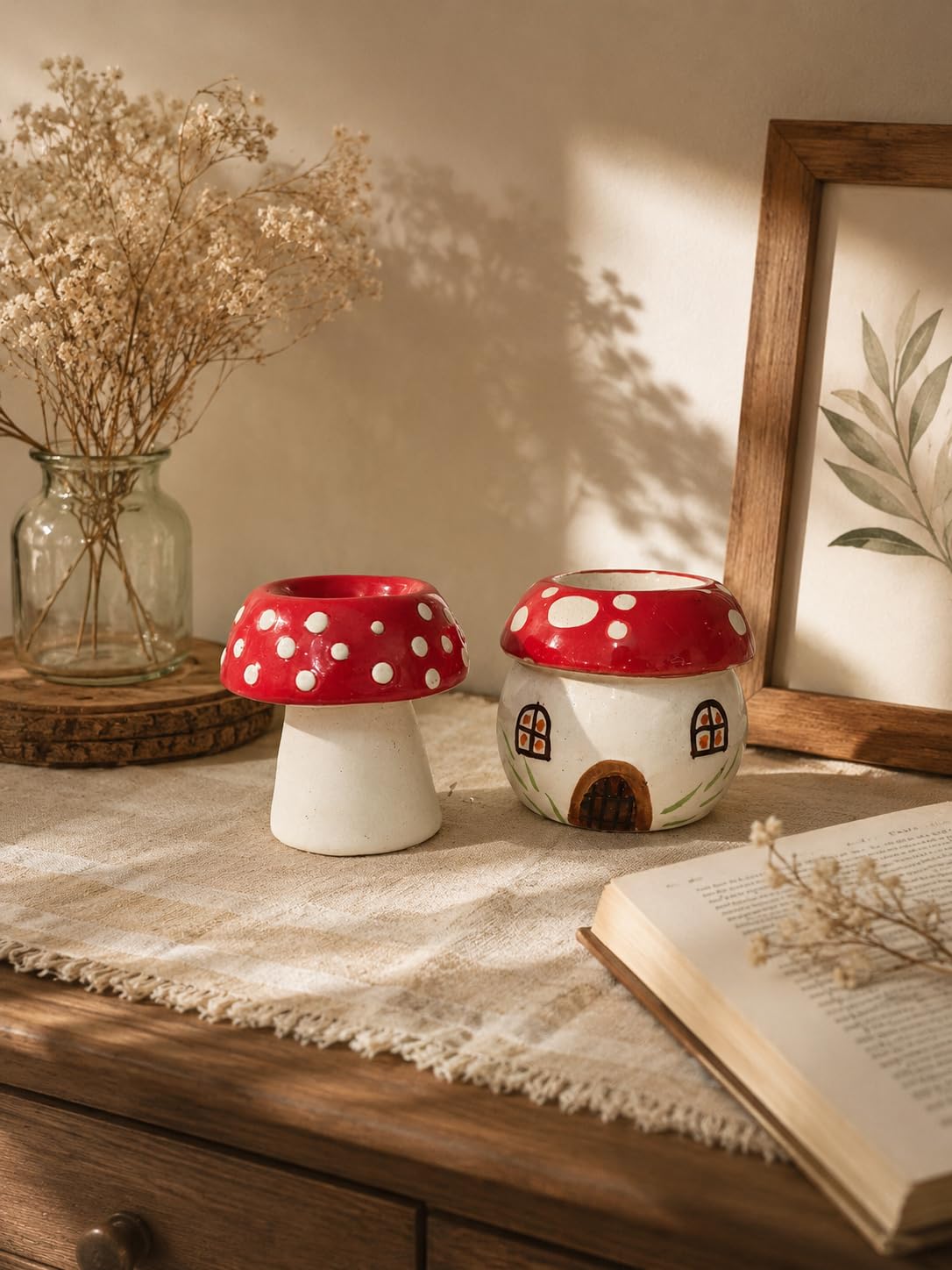 Ceramic Mushroom Candle Holder | Cute House & Mushroom Tealight Holders | Aesthetic Cottagecore Home Décor for Bedroom, Living Room & Coffee Table (Set of Two)-image-39