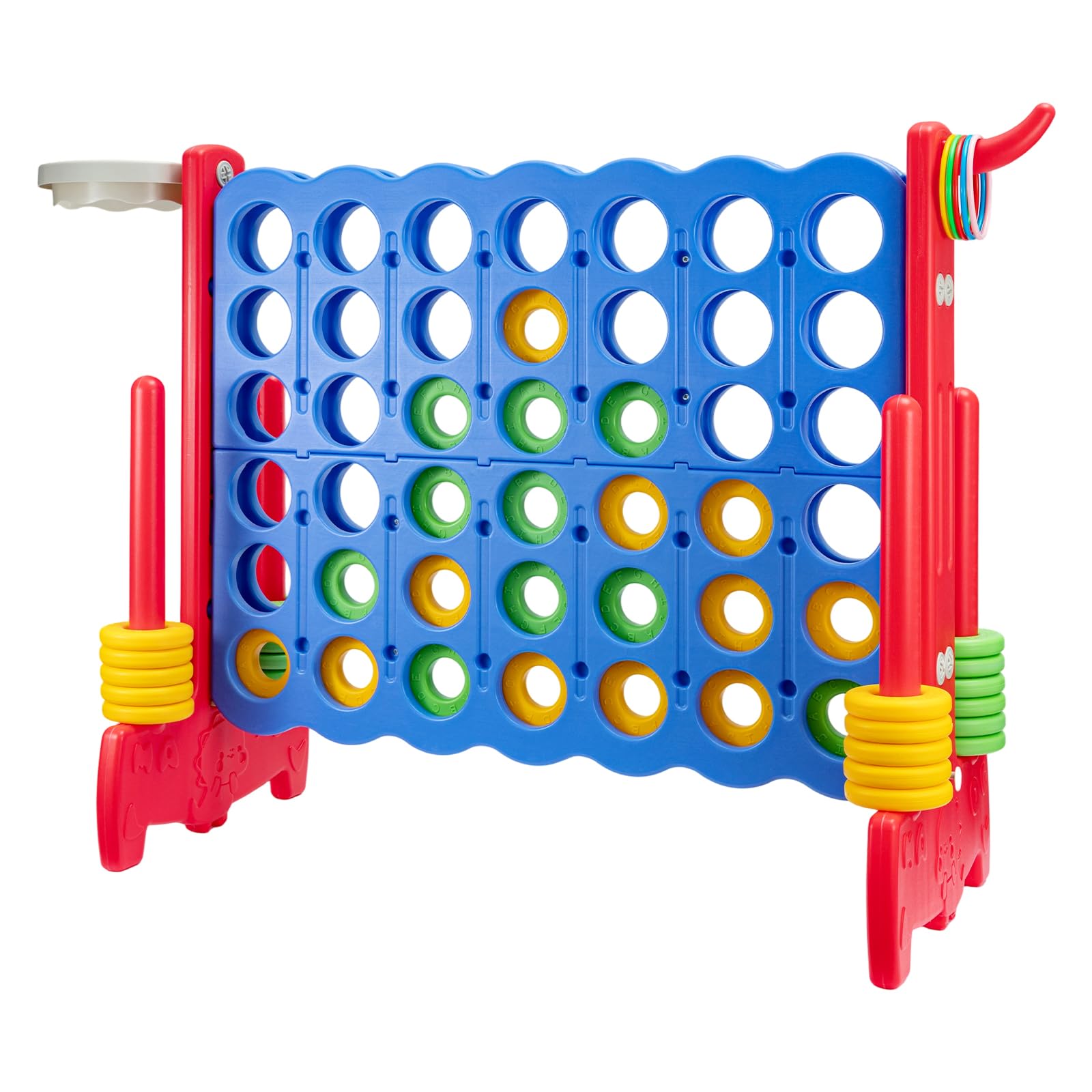 M.J COMFY-LIFE Giant Connect 4 Game Set – 3-in-1 Indoor/Outdoor Family Fun with Basketball Hoop, Ring Toss, & 42 Jumbo Rings – Quick-Release Slider – Perfect for Kids & Adults (Blue+Red)